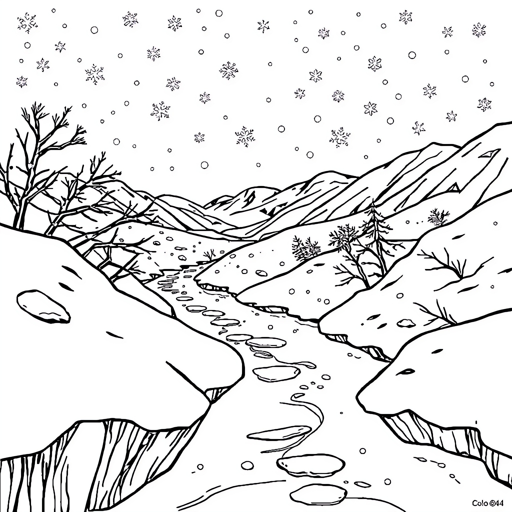 Frozen Wilderness Landscape with Snowy Scenery Coloring Page (free black-and-white line drawing printable PDF for all, from beginners to advanced learners, including children, teens, adults, and seniors)