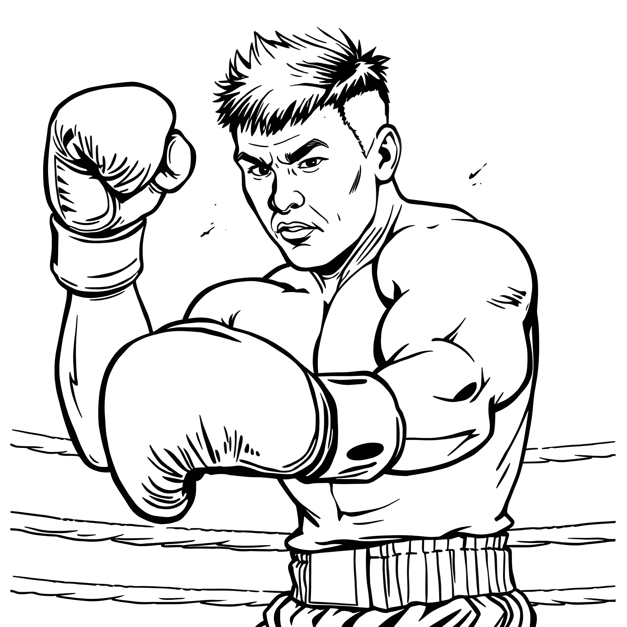 Joe Yabuki punching furiously in the boxing ring Coloring Page (free black-and-white line drawing printable PDF for all, from beginners to advanced learners, including children, teens, adults, and seniors)
