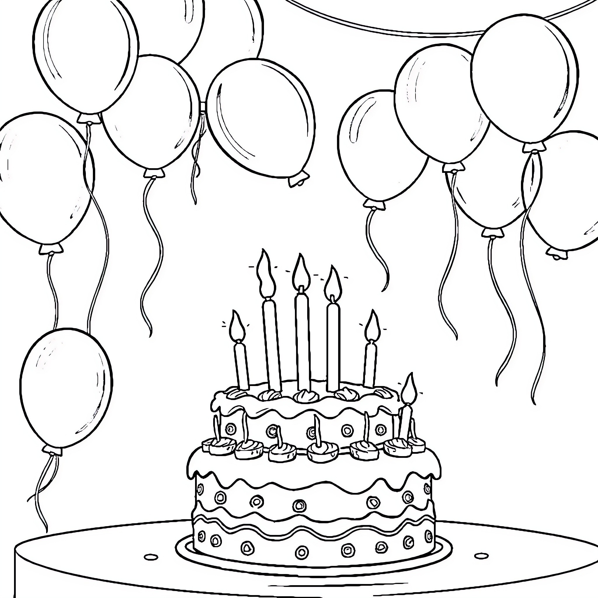 Birthday Celebration with Cake and Balloons Coloring Page (free black-and-white line drawing printable PDF for all, from beginners to advanced learners, including children, teens, adults, and seniors)