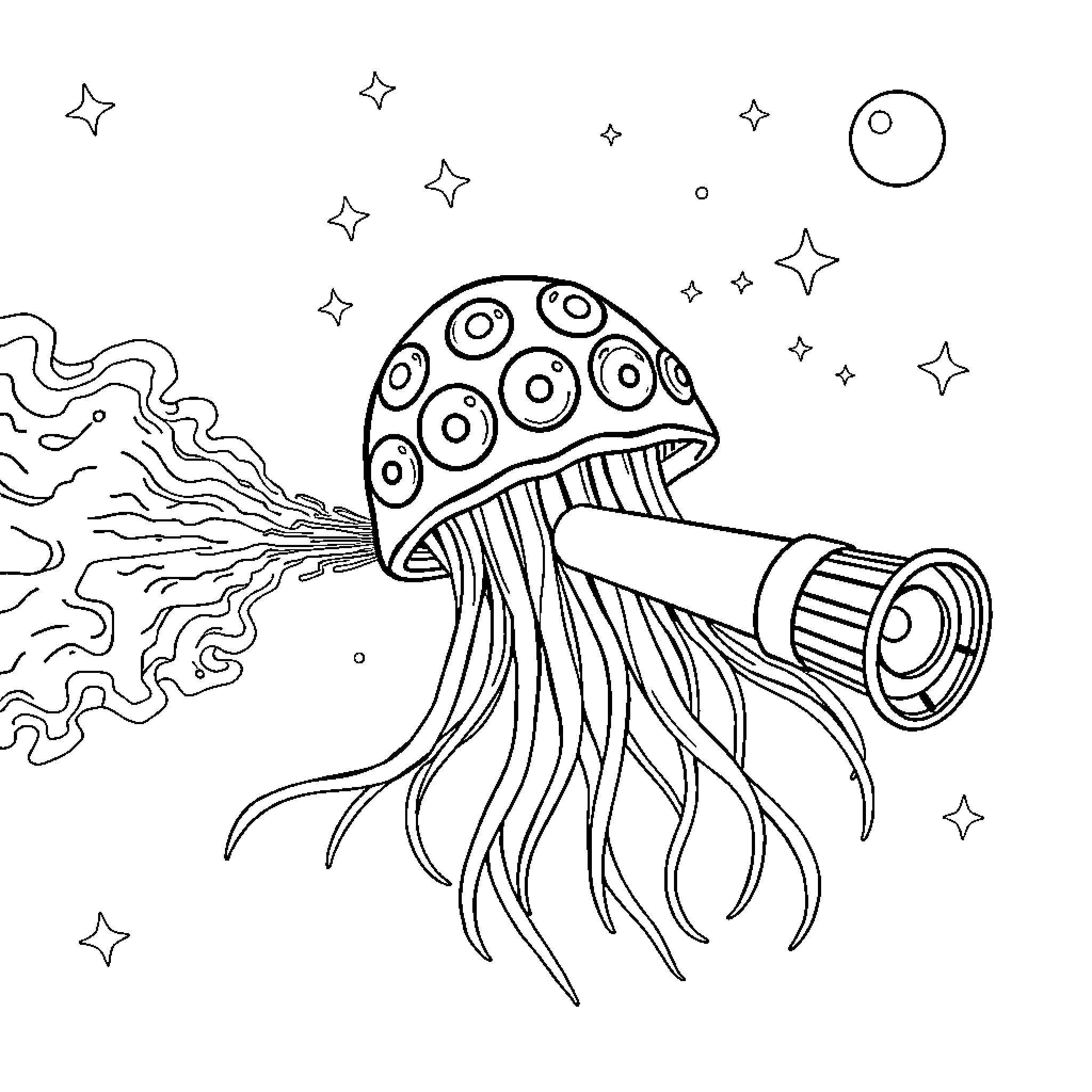 Jellyfish exploring the cosmos with its tentacles Coloring Page (free black-and-white line drawing printable PDF for all, from beginners to advanced learners, including children, teens, adults, and seniors)