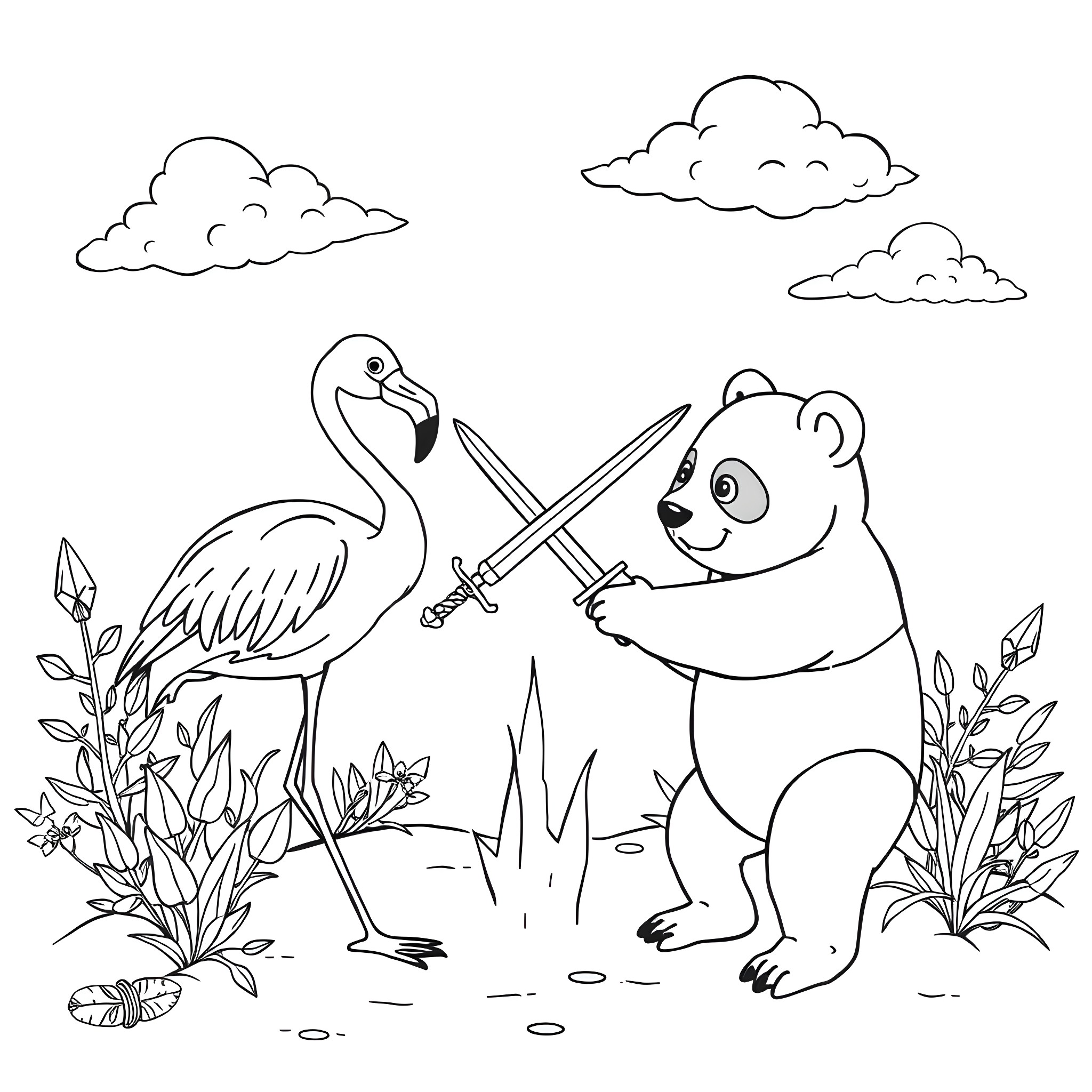 Flamingo and panda playing swords in the park Coloring Page (free black-and-white line drawing printable PDF for all, from beginners to advanced learners, including children, teens, adults, and seniors)