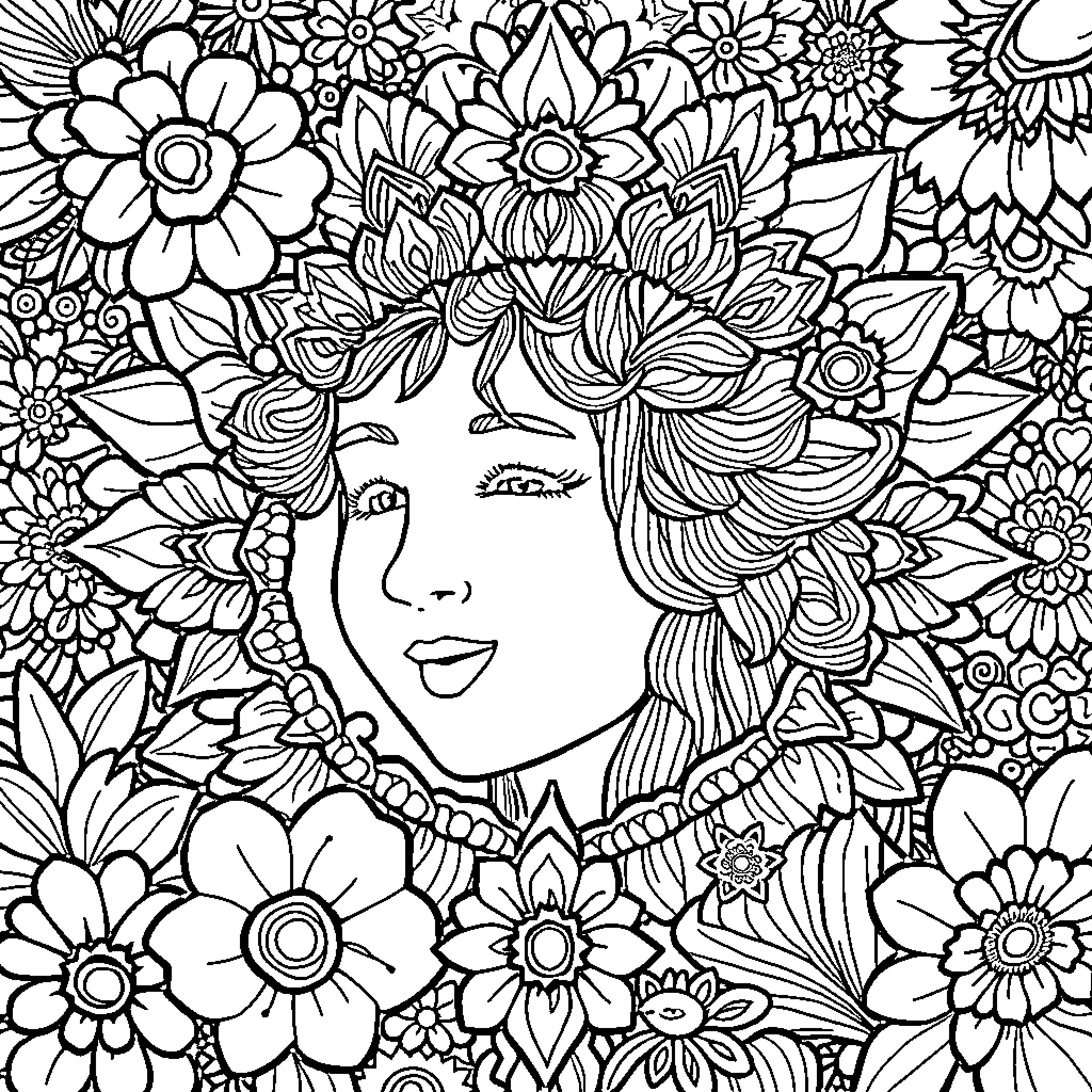 Joy Reflected in Floral Harmony Coloring Page (free black-and-white line drawing printable PDF for all, from beginners to advanced learners, including children, teens, adults, and seniors)