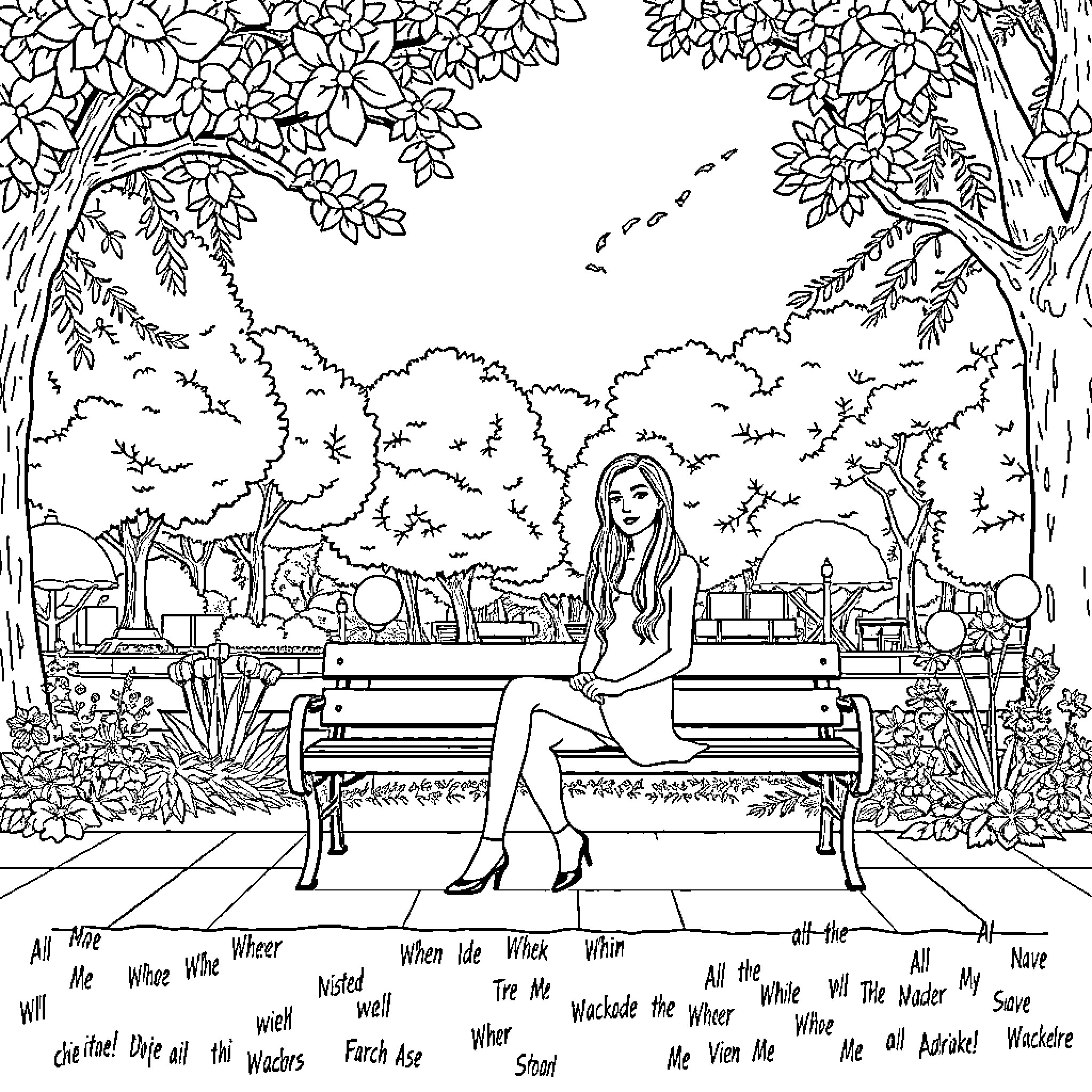 Adriana Relaxing in a Serene Garden Coloring Page (free black-and-white line drawing printable PDF for all, from beginners to advanced learners, including children, teens, adults, and seniors)