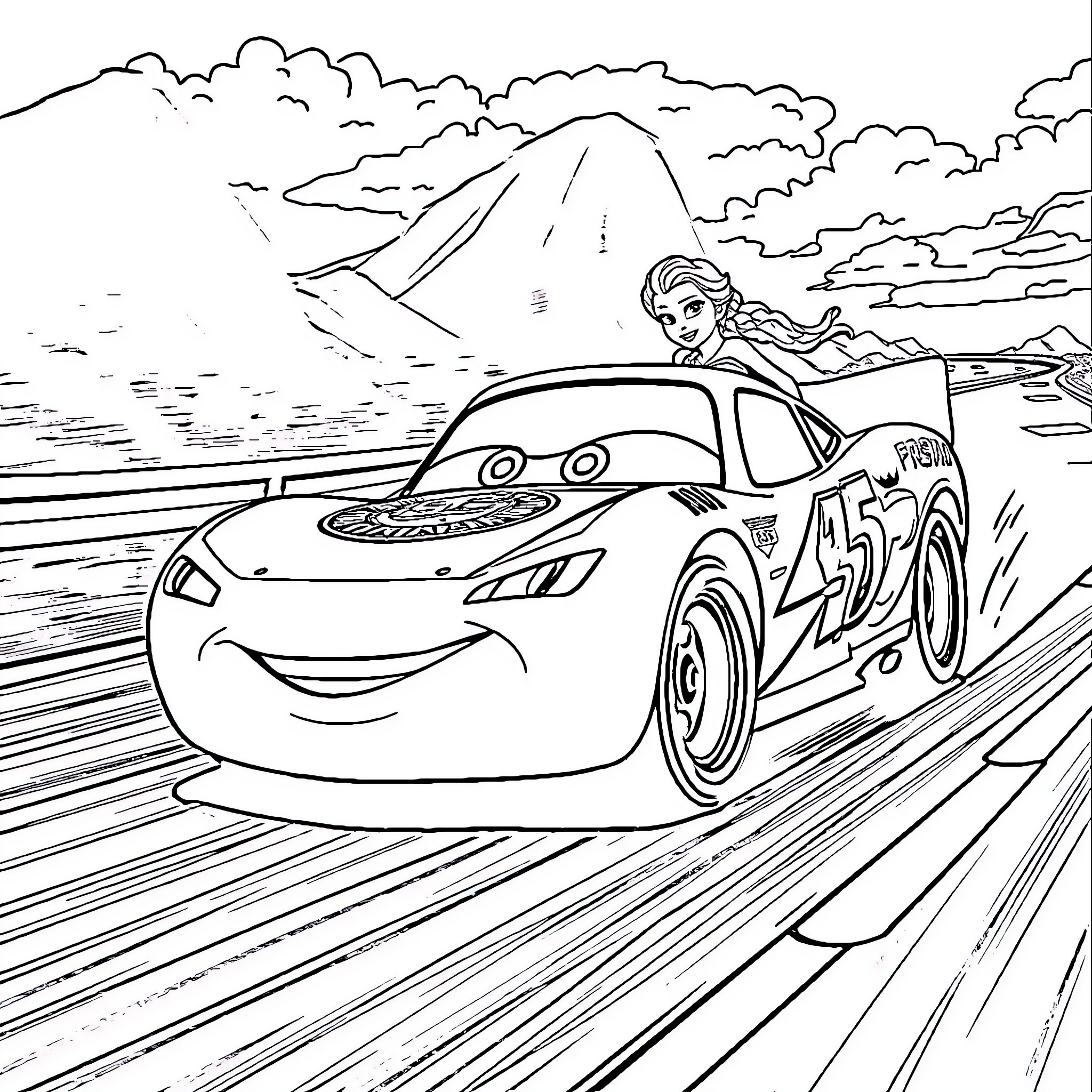 Flash McQueen races through the countryside Coloring Page (free black-and-white line drawing printable PDF for all, from beginners to advanced learners, including children, teens, adults, and seniors)