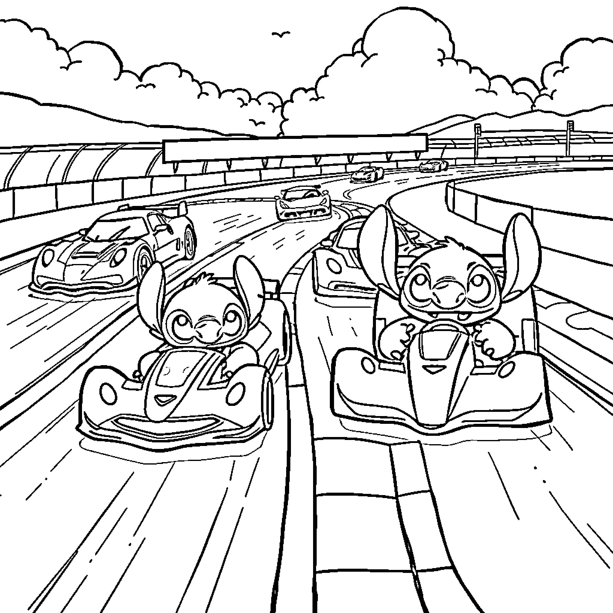 Stitch racing happily in go-karts on the highway Coloring Page (free black-and-white line drawing printable PDF for all, from beginners to advanced learners, including children, teens, adults, and seniors)