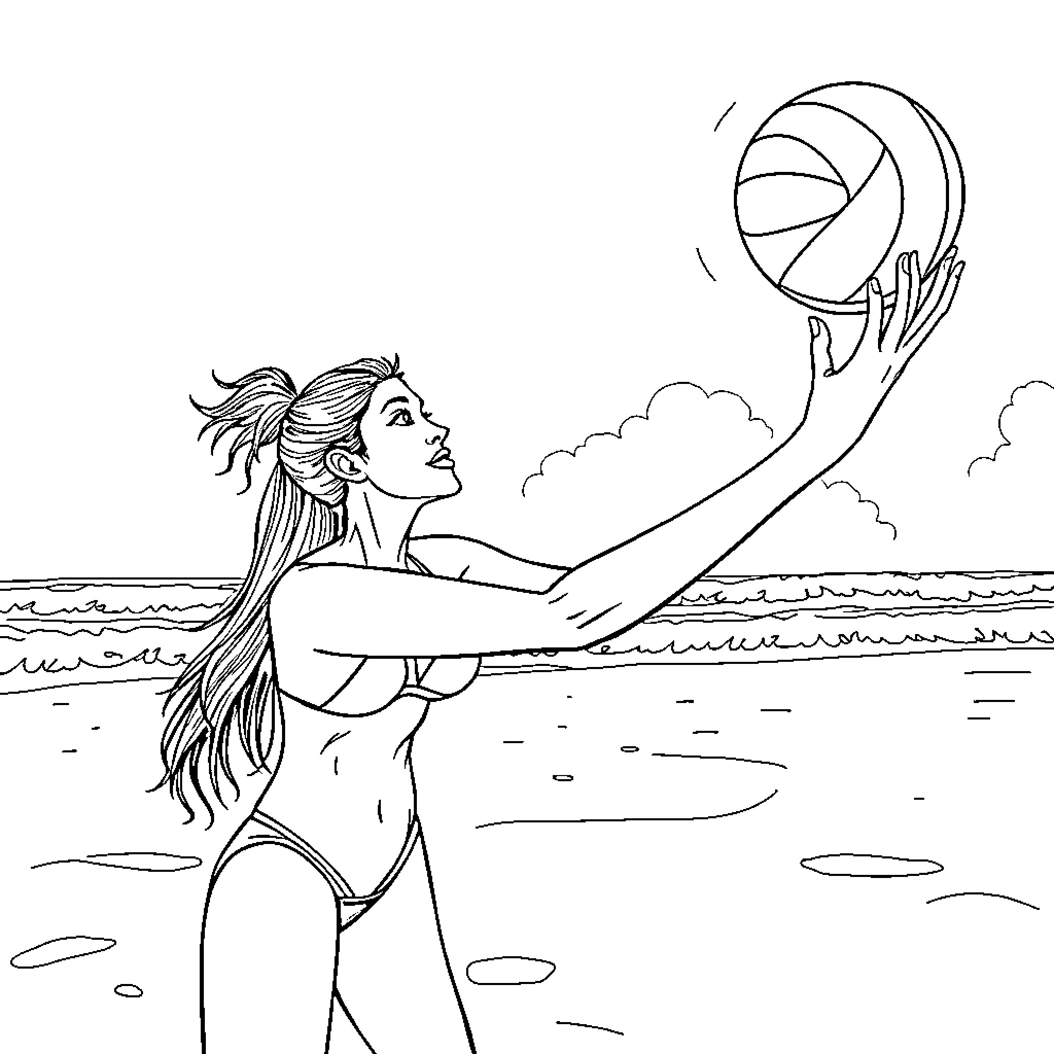 Beach Volleyball Player Leaping to Spike the Ball Coloring Page (free black-and-white line drawing printable PDF for all, from beginners to advanced learners, including children, teens, adults, and seniors)
