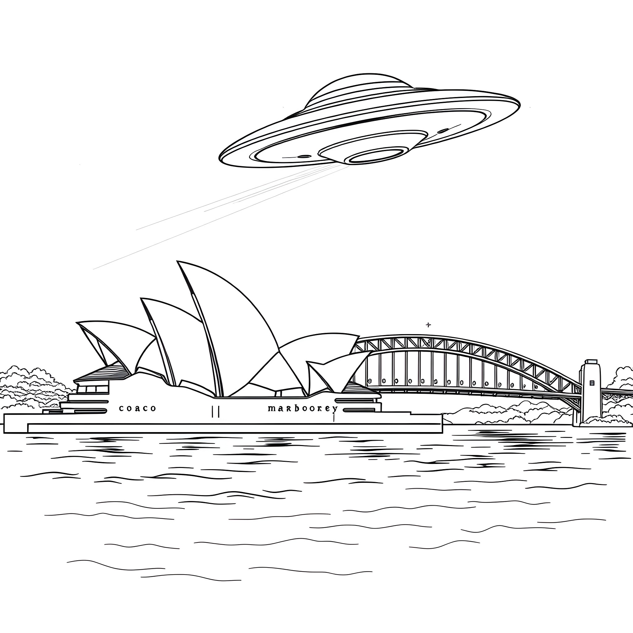 UFO hovering over Sydney Opera House Coloring Page (free black-and-white line drawing printable PDF for all, from beginners to advanced learners, including children, teens, adults, and seniors)