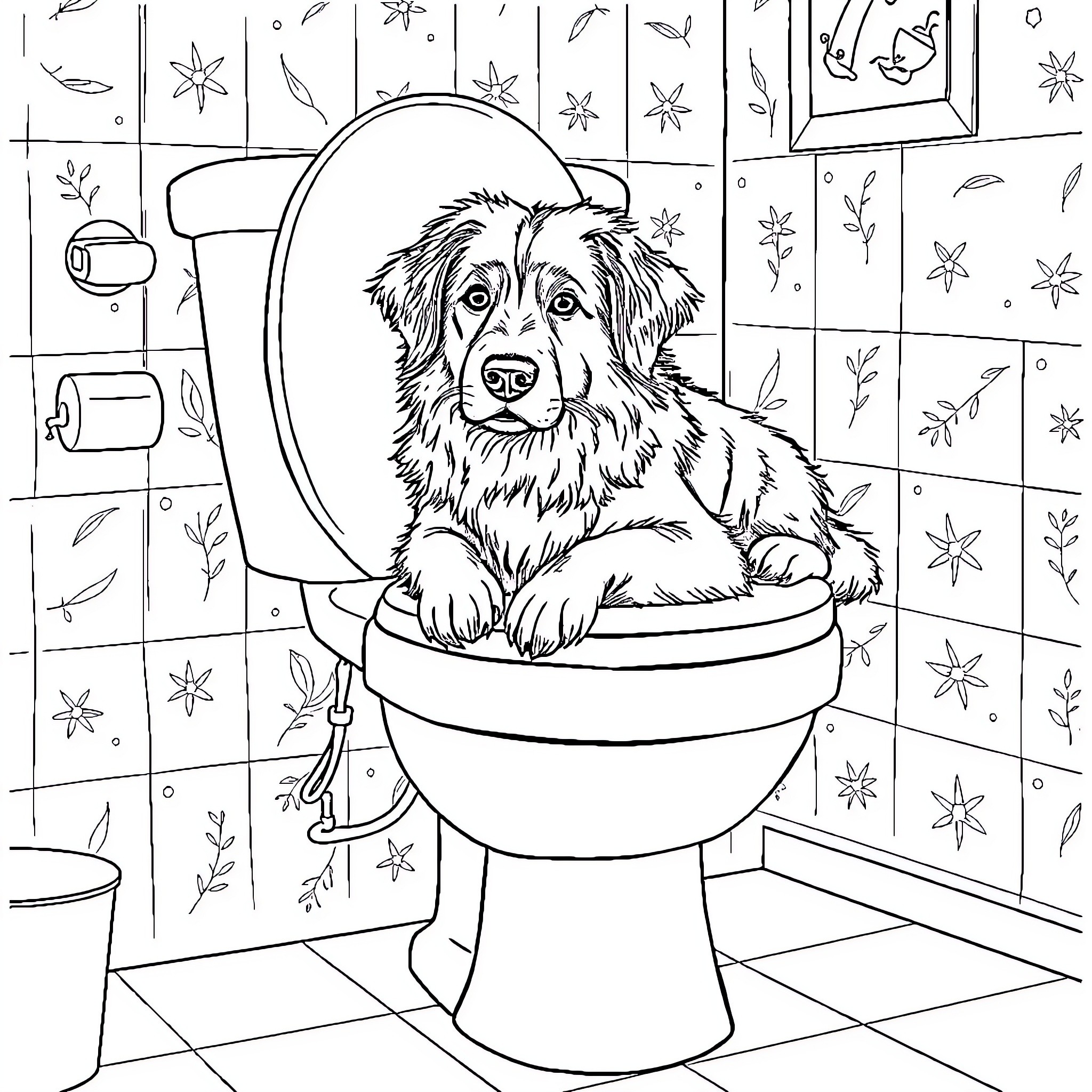 Dog sitting on toilet in winter bathroom Coloring Page (free black-and-white line drawing printable PDF for all, from beginners to advanced learners, including children, teens, adults, and seniors)