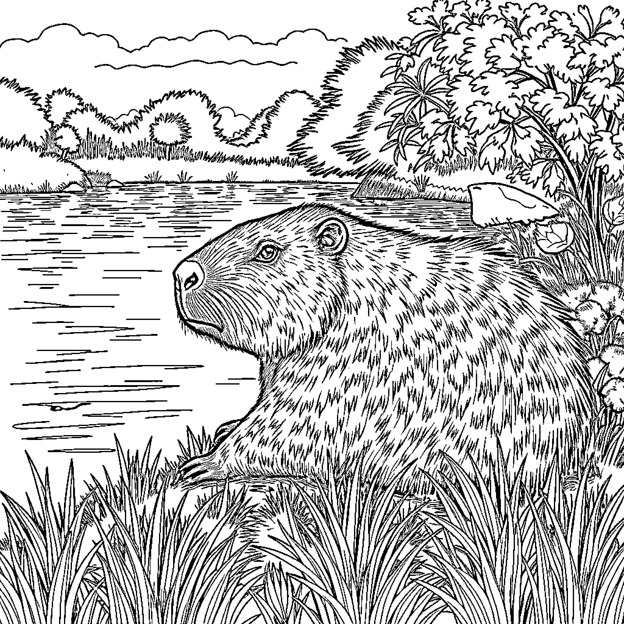 Capybara by the tranquil lake Coloring Page (free black-and-white line drawing printable PDF for all, from beginners to advanced learners, including children, teens, adults, and seniors)
