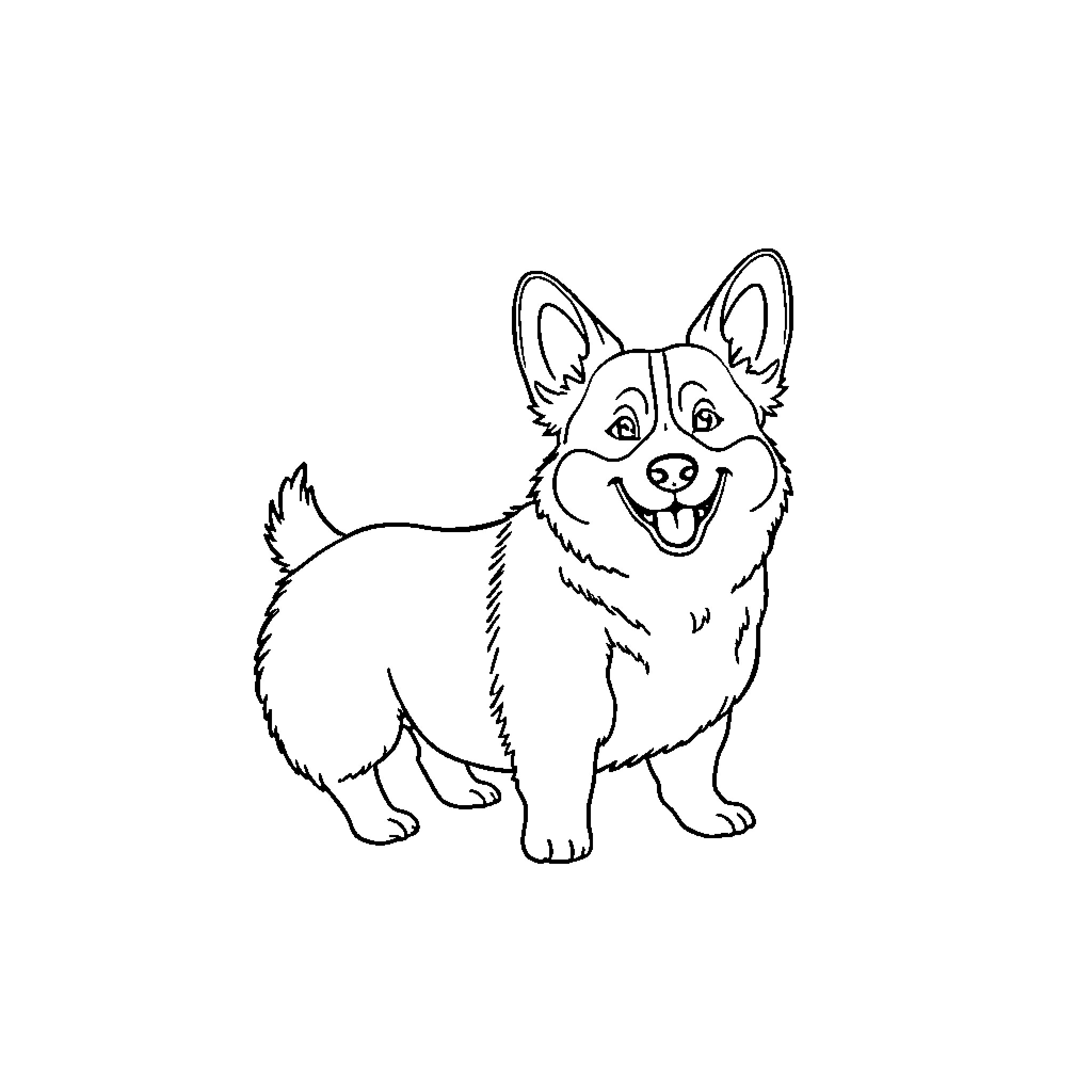 Corgi dog happily smiling Coloring Page (free black-and-white line drawing printable PDF for all, from beginners to advanced learners, including children, teens, adults, and seniors)