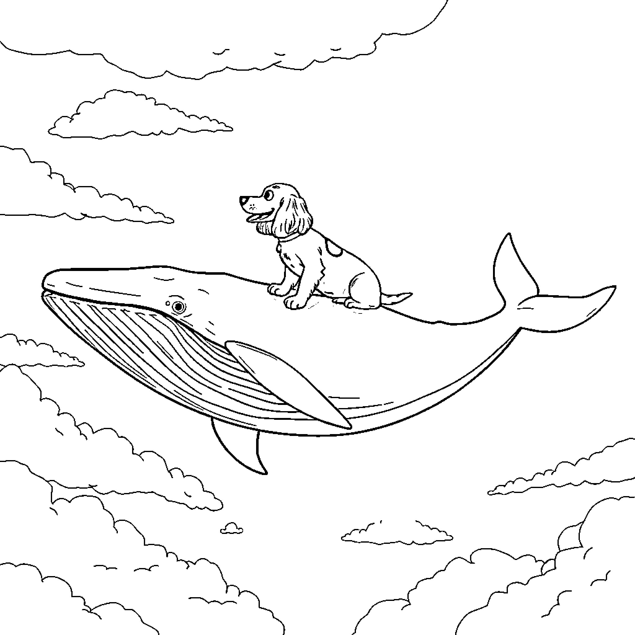 Whale with a friendly dog on its back Coloring Page (free black-and-white line drawing printable PDF for all, from beginners to advanced learners, including children, teens, adults, and seniors)
