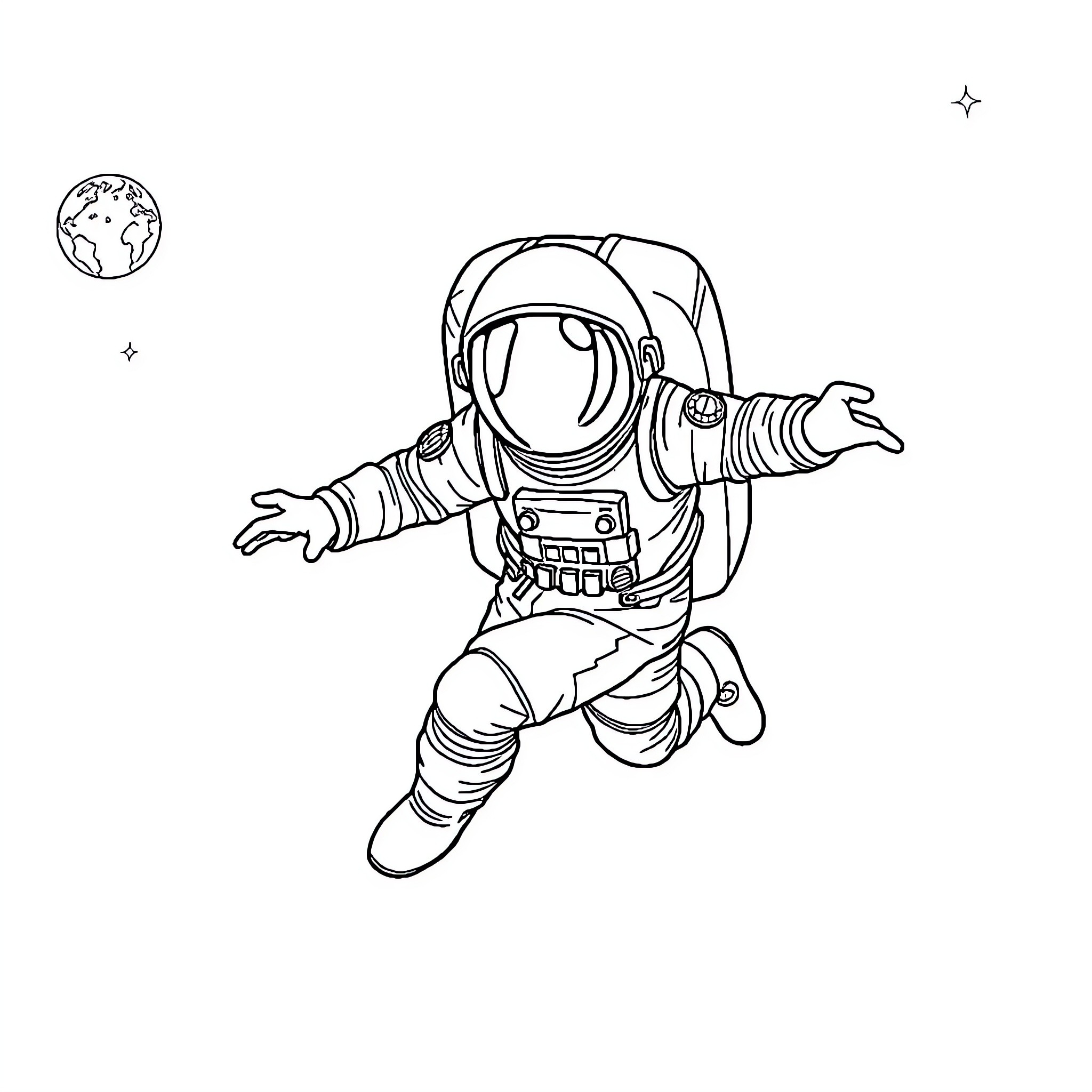 Astronaut floating in space with Earth Coloring Page (free black-and-white line drawing printable PDF for all, from beginners to advanced learners, including children, teens, adults, and seniors)