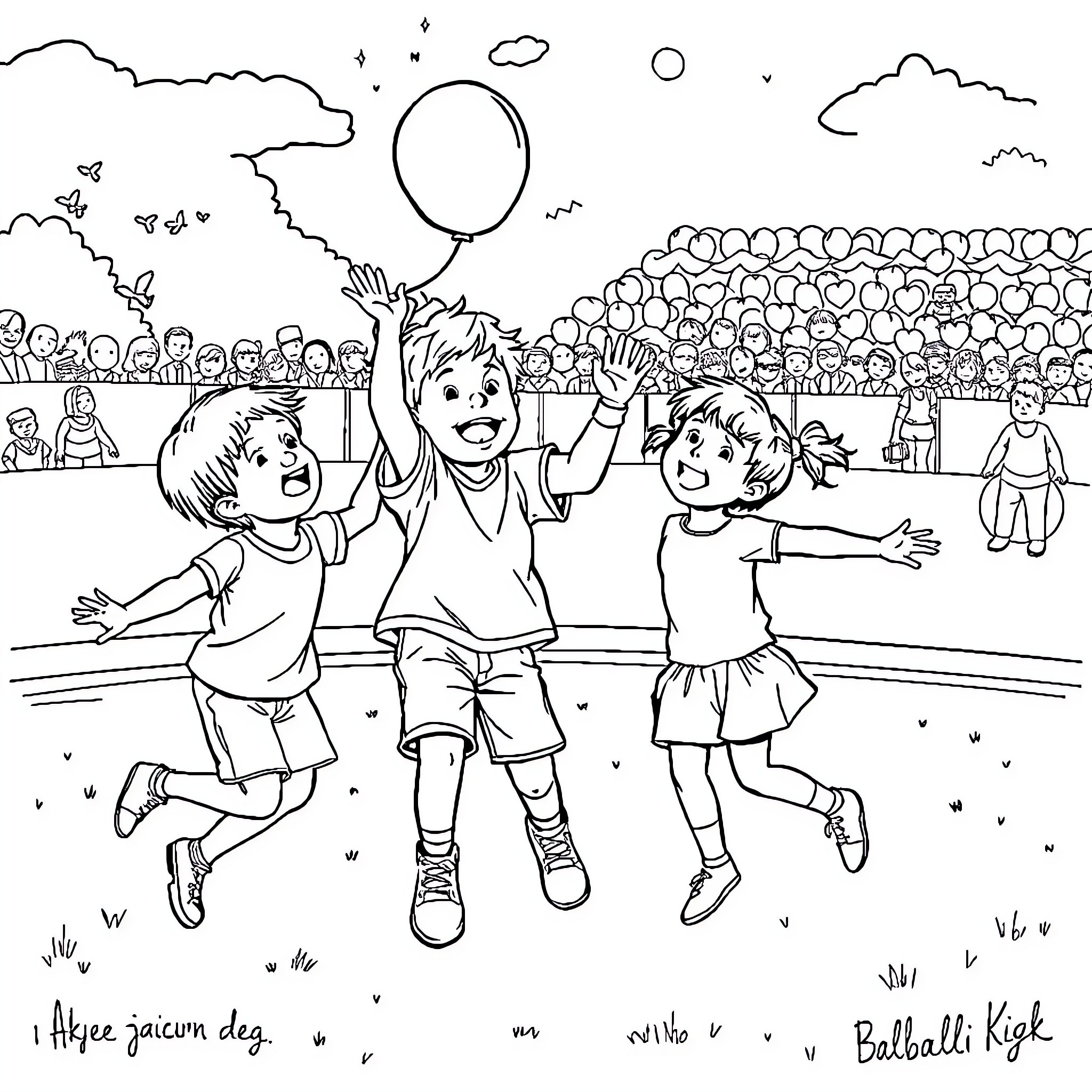 Children Celebrating and Having Fun at the Park Coloring Page (free black-and-white line drawing printable PDF for all, from beginners to advanced learners, including children, teens, adults, and seniors)