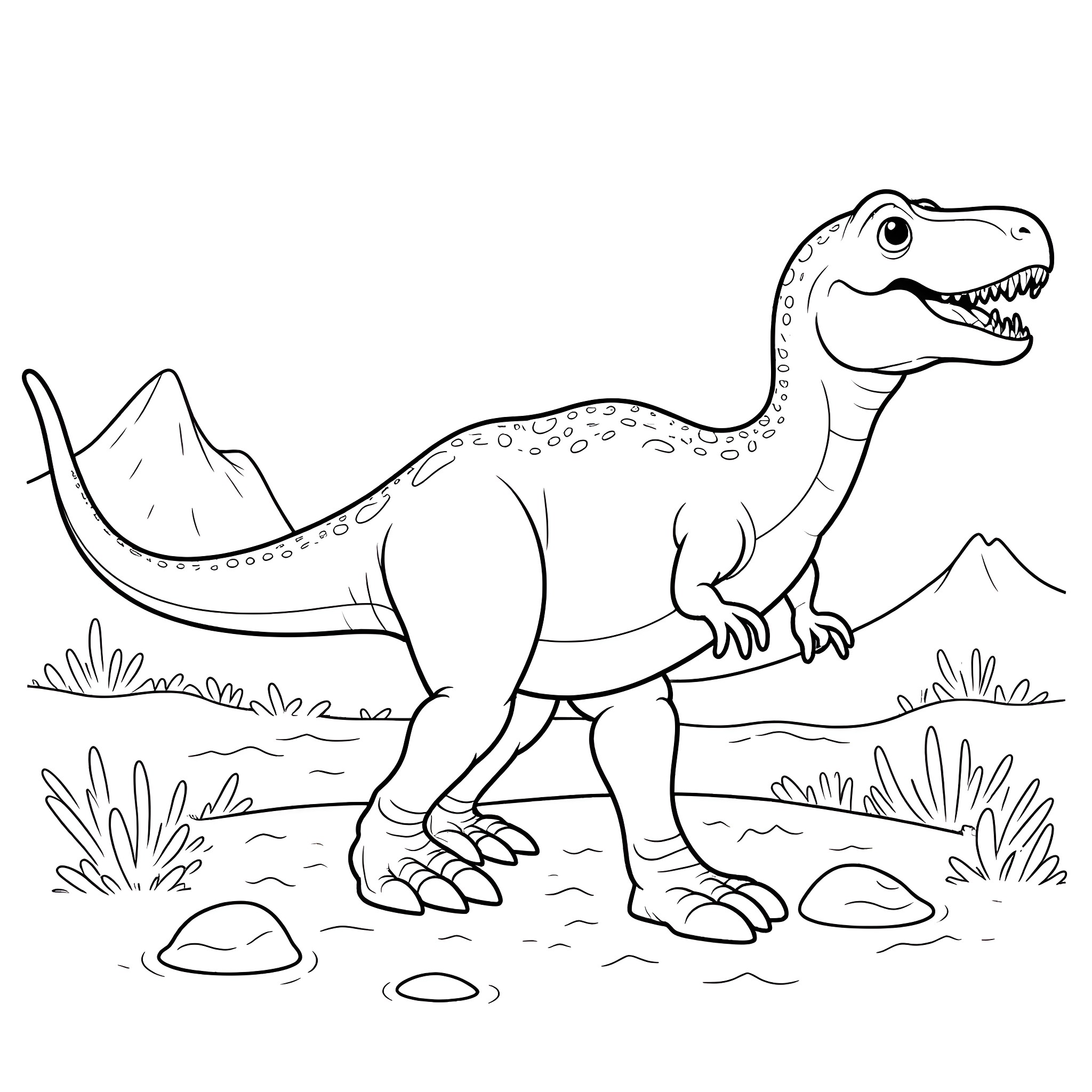 Tyrannosaurus Rex roaming in the prehistoric landscape Coloring Page (free black-and-white line drawing printable PDF for all, from beginners to advanced learners, including children, teens, adults, and seniors)