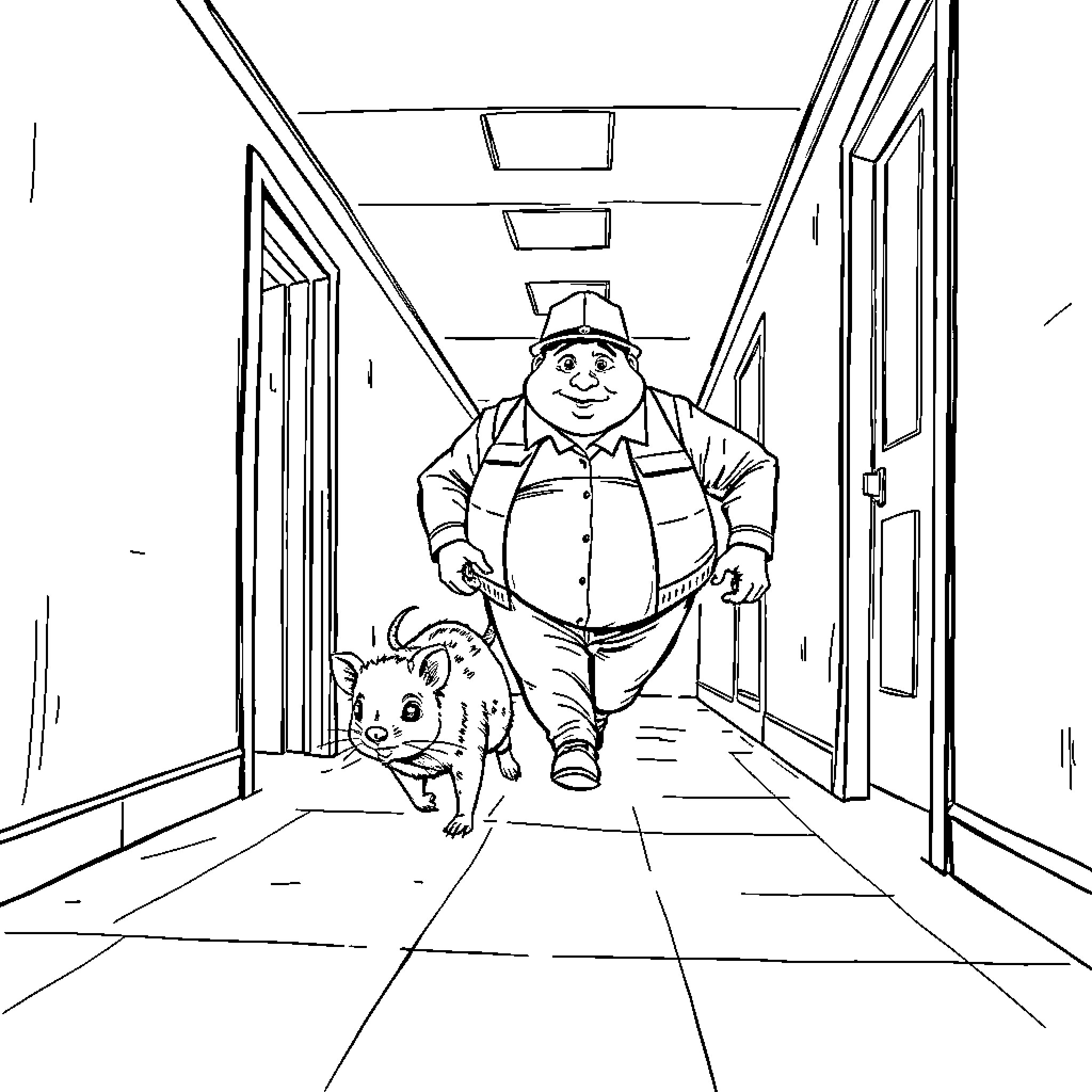 Possum and Janitor Walking Down Hallway Coloring Page (free black-and-white line drawing printable PDF for all, from beginners to advanced learners, including children, teens, adults, and seniors)