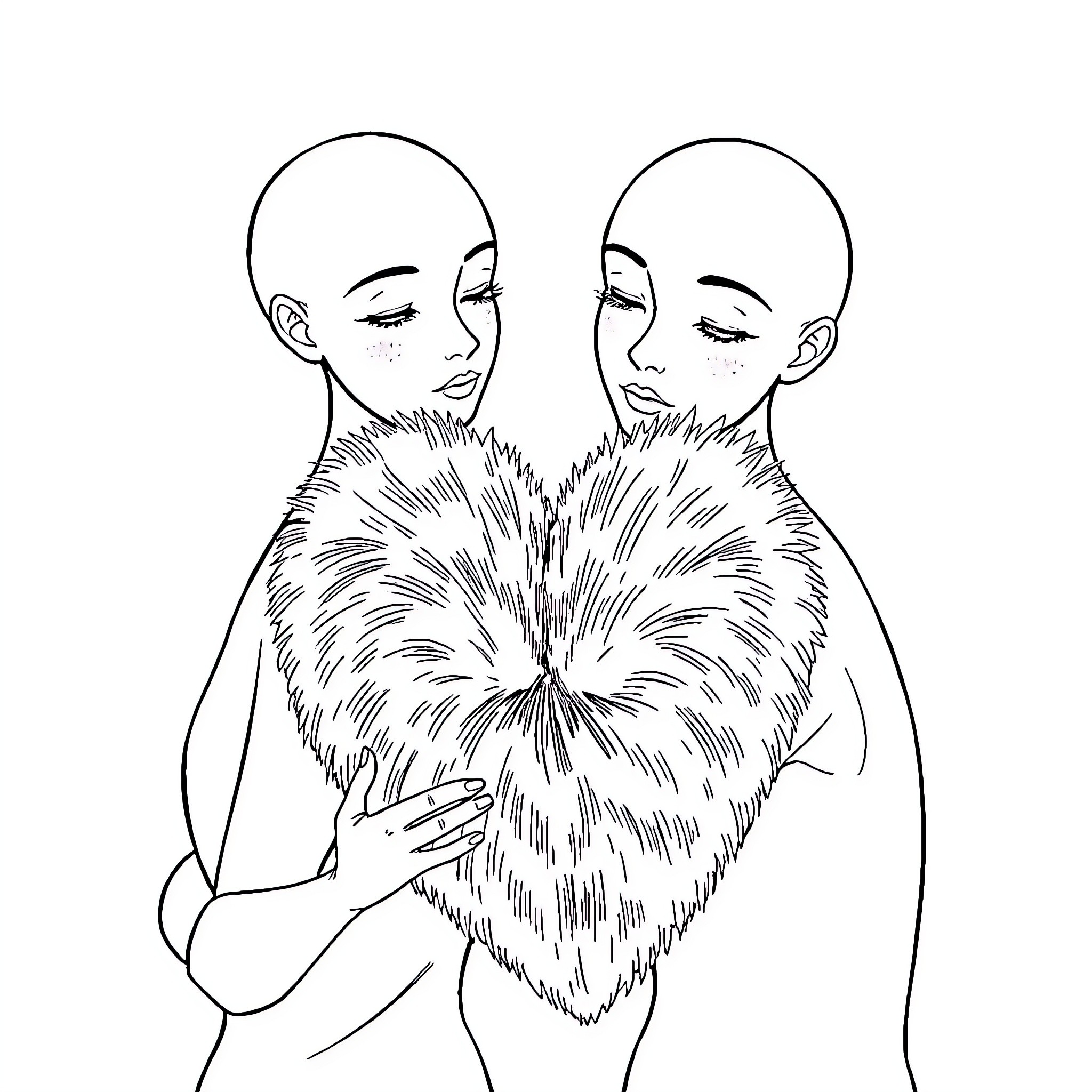 Woman with Fur Shawl in Intimate Embrace Coloring Page (free black-and-white line drawing printable PDF for all, from beginners to advanced learners, including children, teens, adults, and seniors)