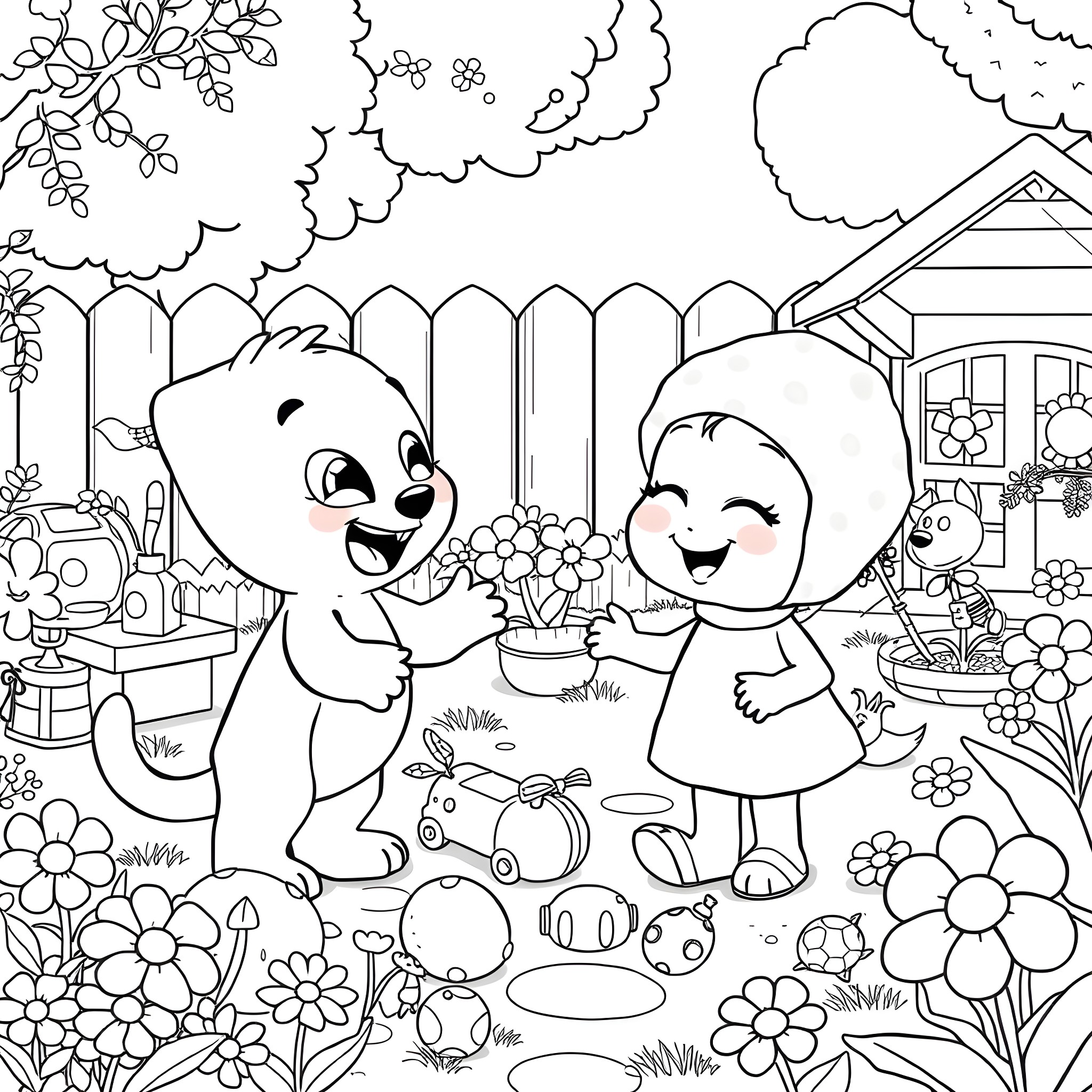 Bluey and Bingo Explore the Backyard Garden Coloring Page (free black-and-white line drawing printable PDF for all, from beginners to advanced learners, including children, teens, adults, and seniors)