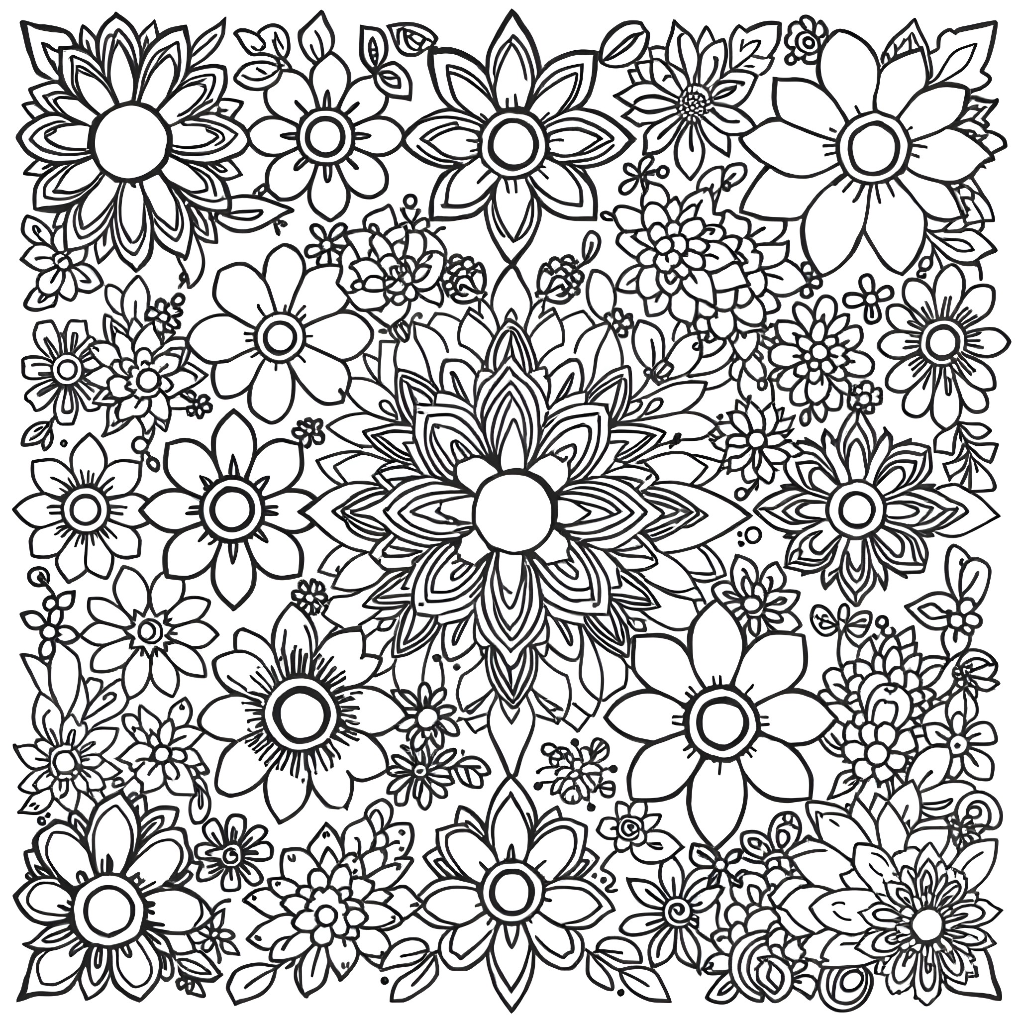 Patchwork of Vibrant Floral Patterns Coloring Page (free black-and-white line drawing printable PDF for all, from beginners to advanced learners, including children, teens, adults, and seniors)