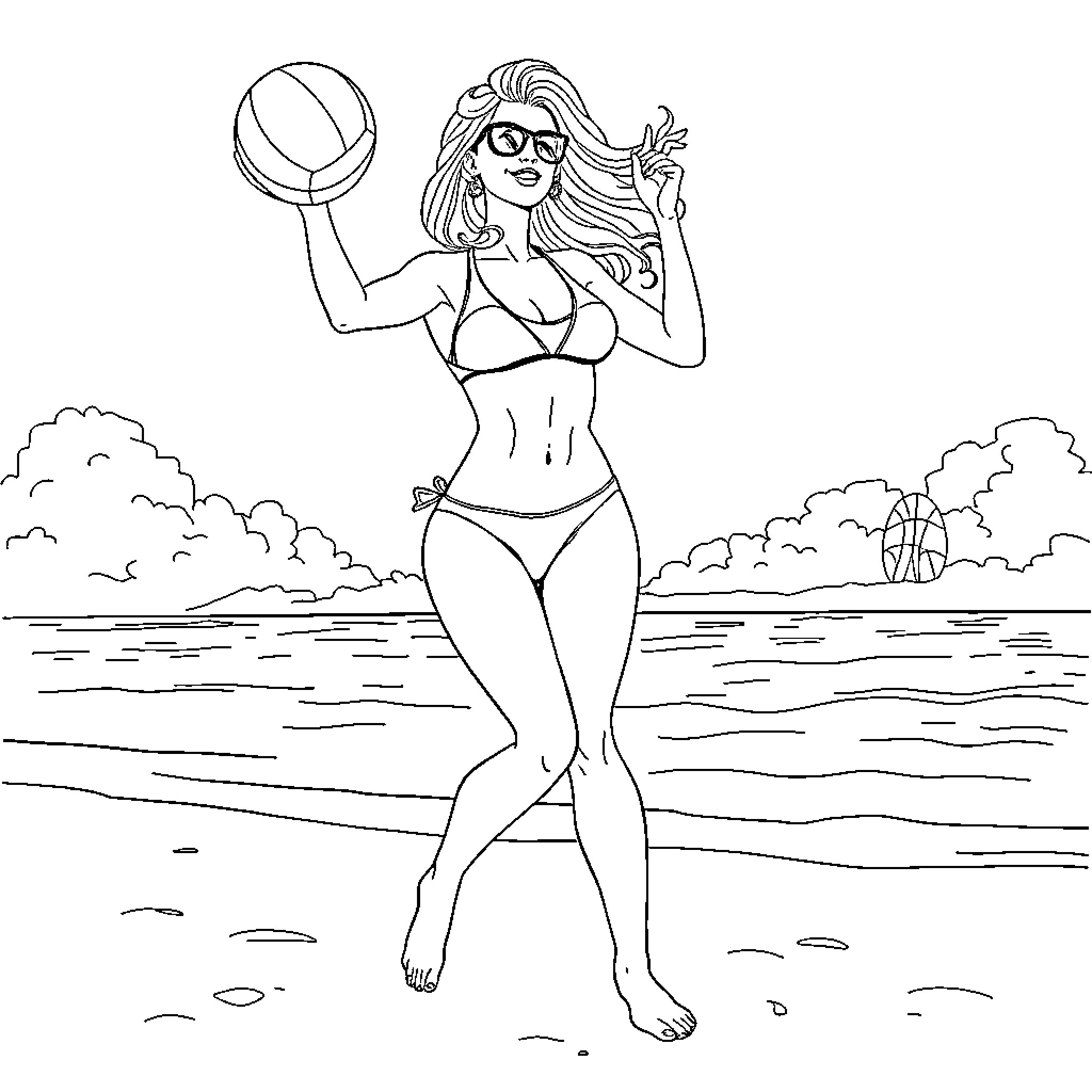 Chick playing beachball in swimsuit Coloring Page (free black-and-white line drawing printable PDF for all, from beginners to advanced learners, including children, teens, adults, and seniors)
