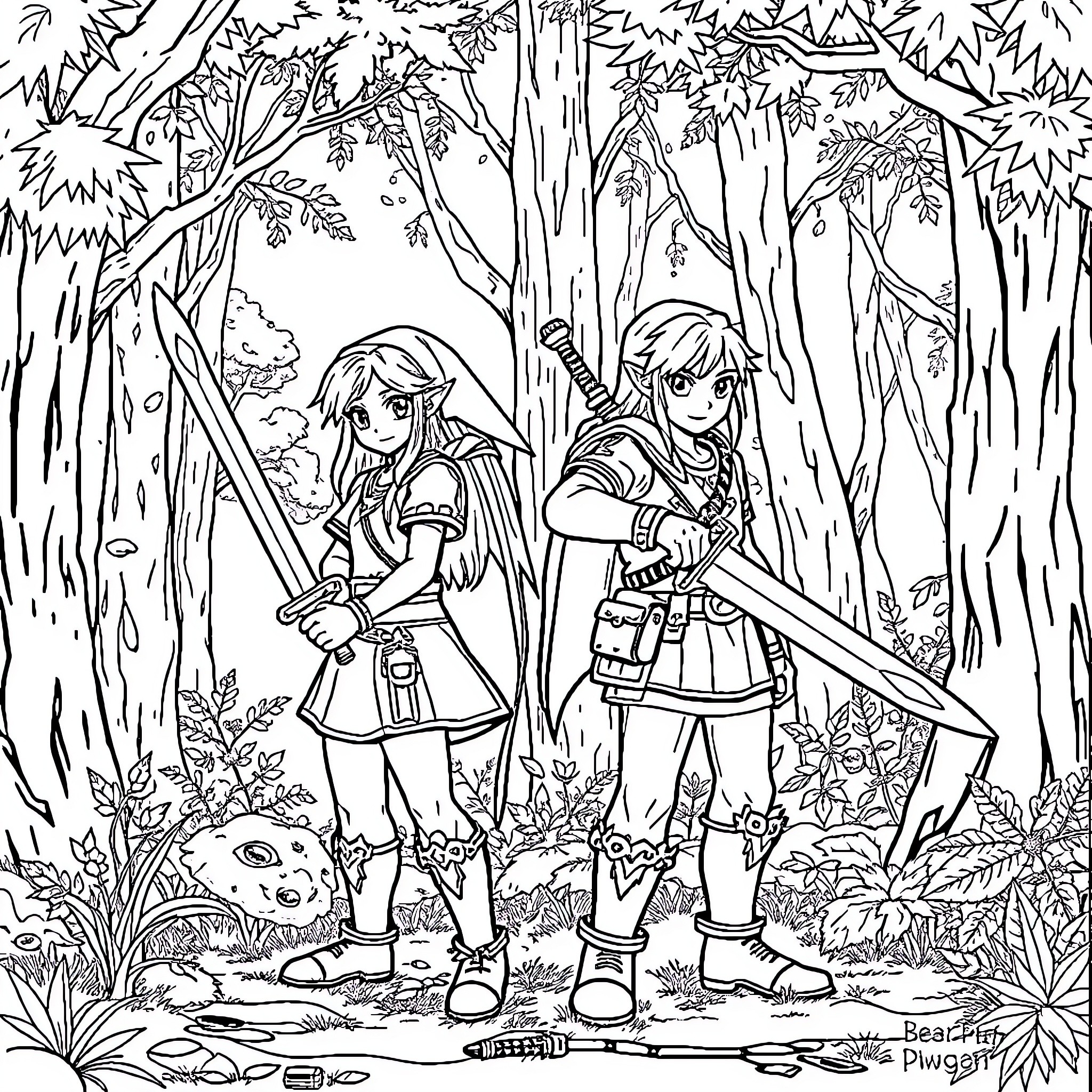 Link exploring the forest with companion Coloring Page (free black-and-white line drawing printable PDF for all, from beginners to advanced learners, including children, teens, adults, and seniors)