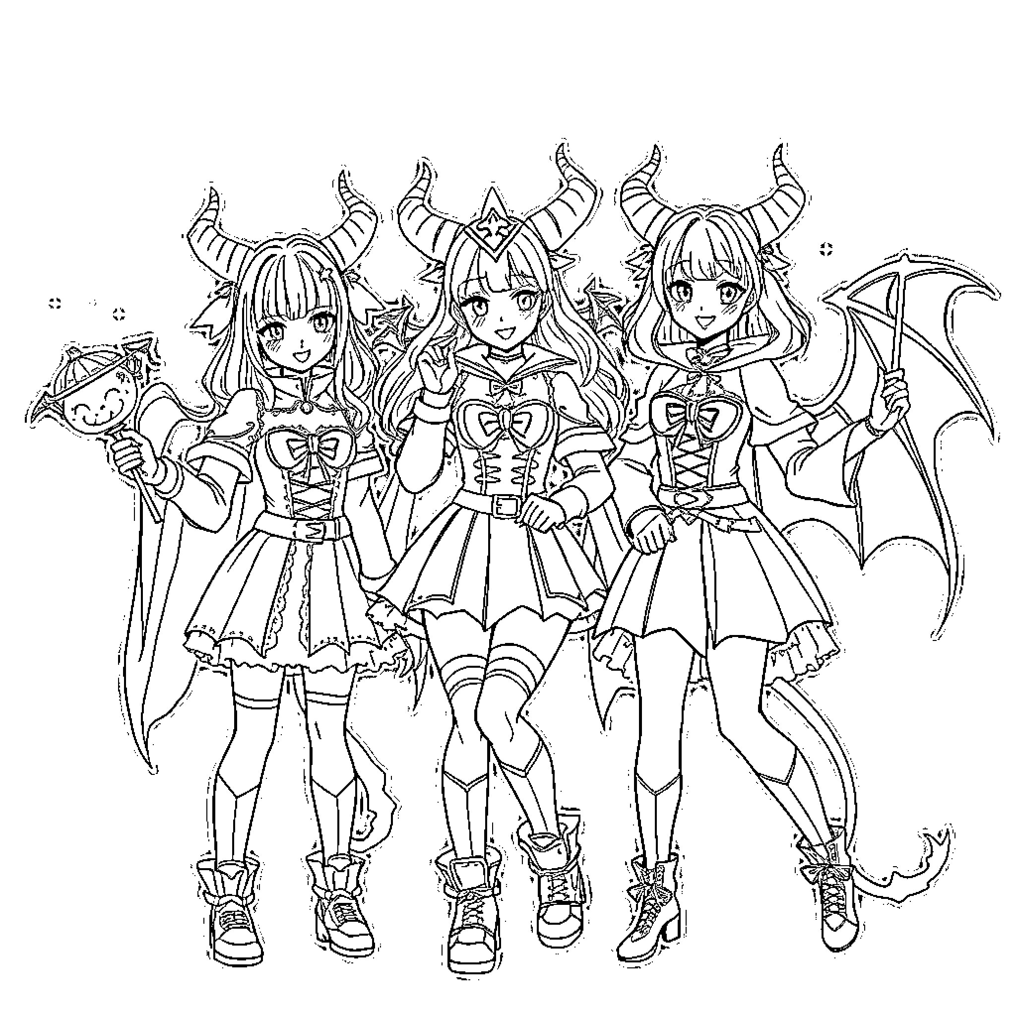 Kpop Girl Group Posing Stylishly in Anime-Inspired Outfits Coloring Page (free black-and-white line drawing printable PDF for all, from beginners to advanced learners, including children, teens, adults, and seniors)