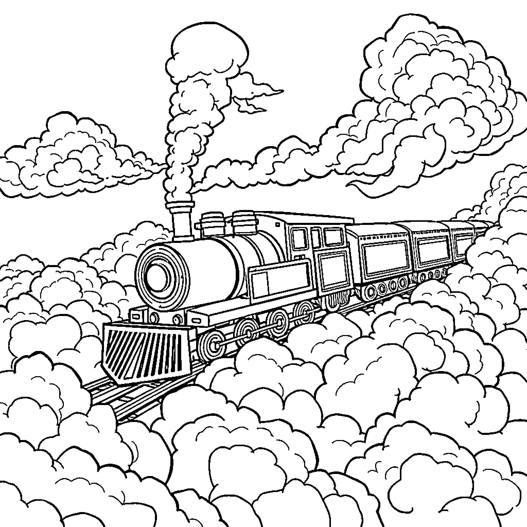 Train chugging through a cloud-filled sky Coloring Page (free black-and-white line drawing printable PDF for all, from beginners to advanced learners, including children, teens, adults, and seniors)