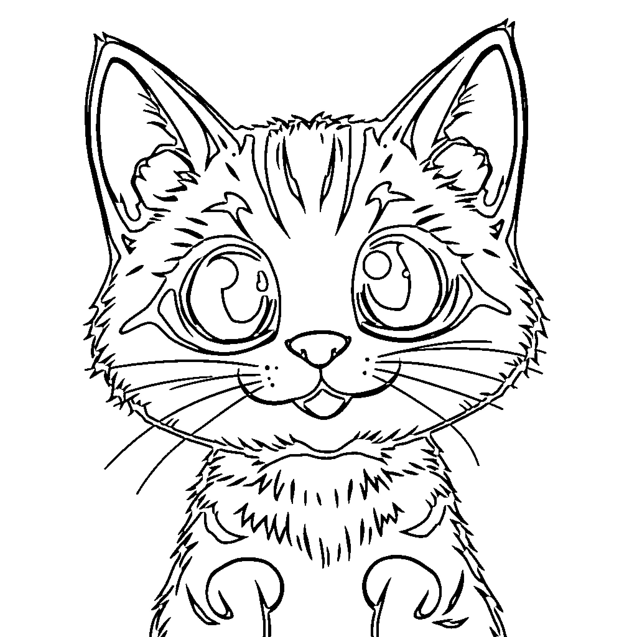 Cat with big eyes and furry face Coloring Page (free black-and-white line drawing printable PDF for all, from beginners to advanced learners, including children, teens, adults, and seniors)