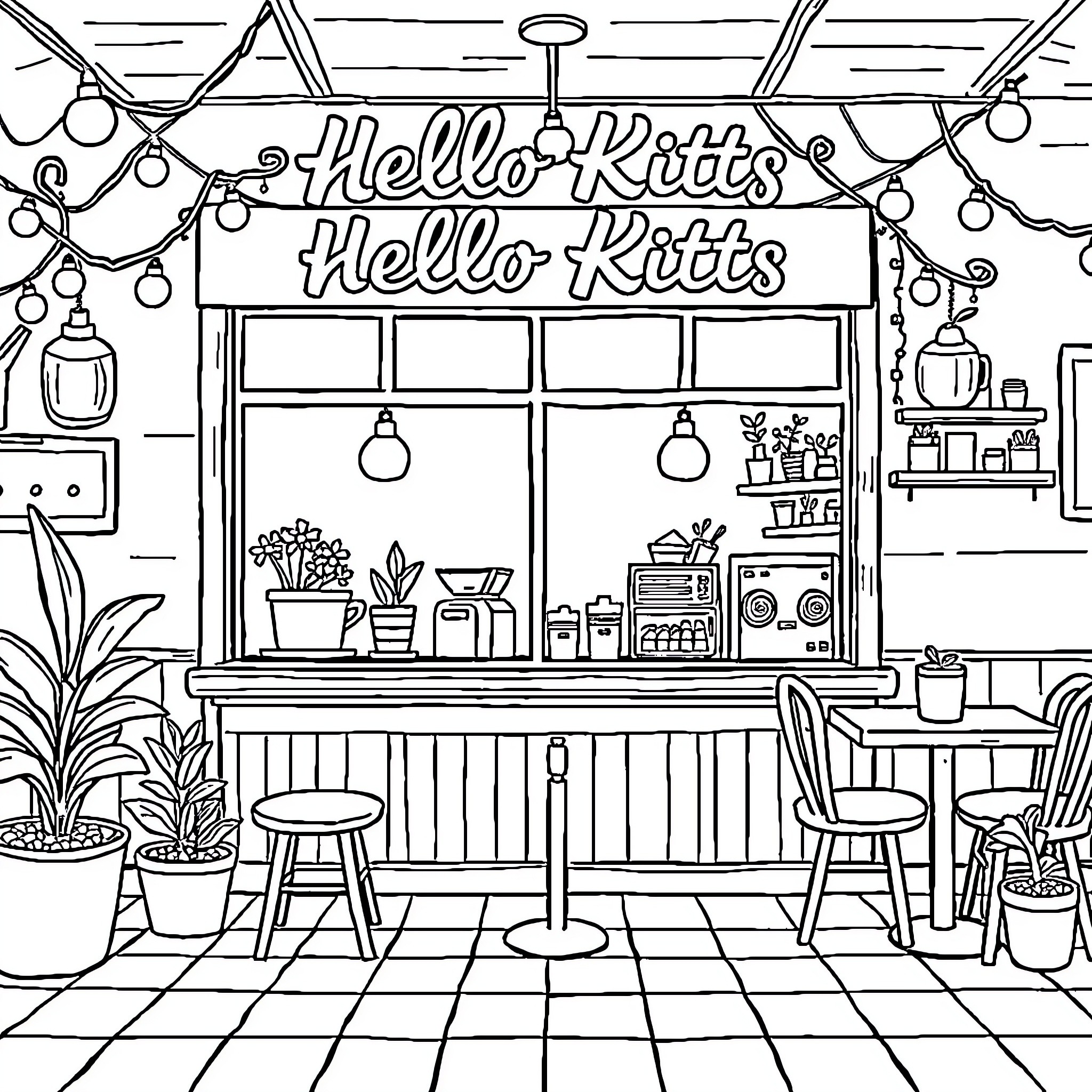 Hello Kitty's Cozy Cafe Coloring Page (free black-and-white line drawing printable PDF for all, from beginners to advanced learners, including children, teens, adults, and seniors)