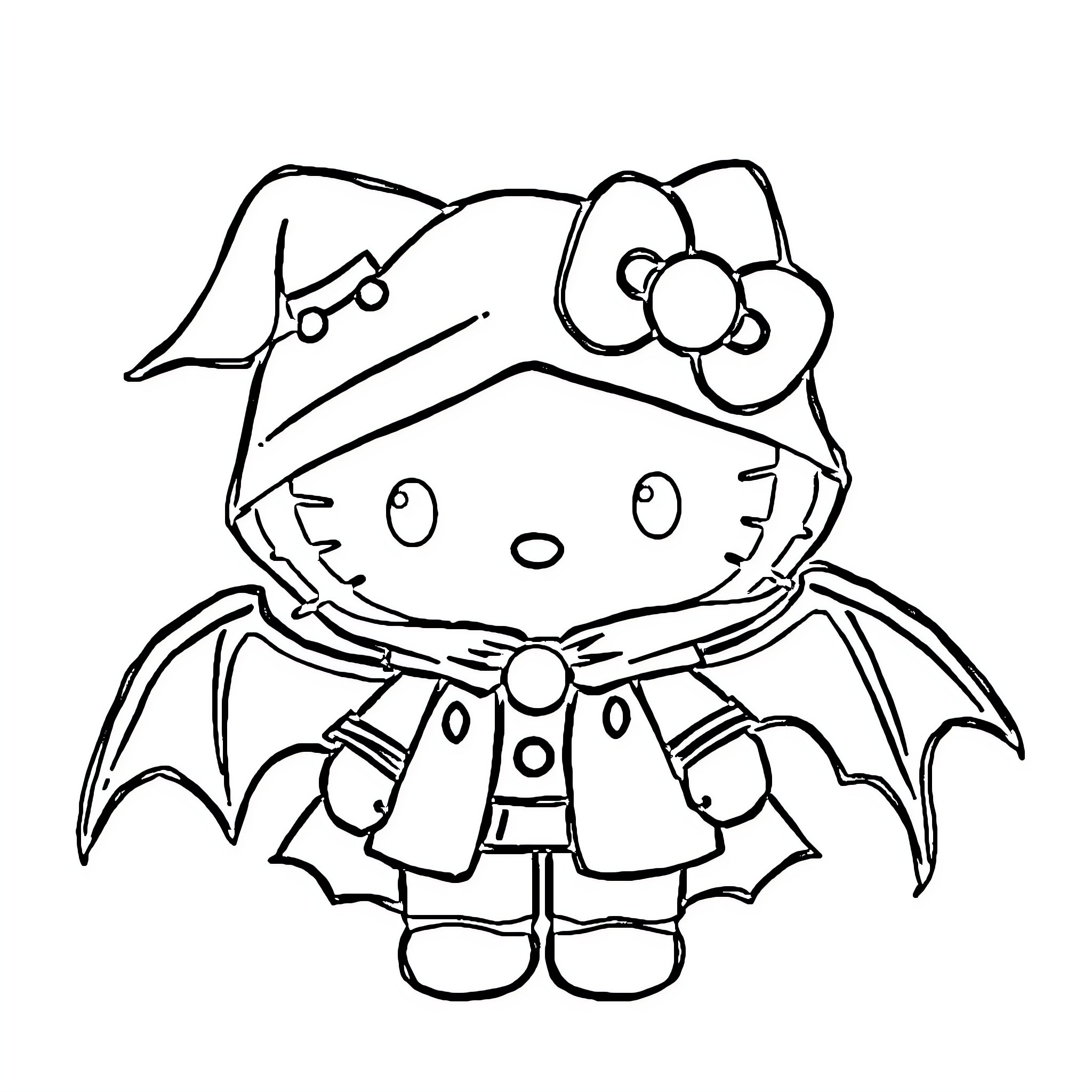 Hello Kitty dressed as a cute bat Coloring Page (free black-and-white line drawing printable PDF for all, from beginners to advanced learners, including children, teens, adults, and seniors)