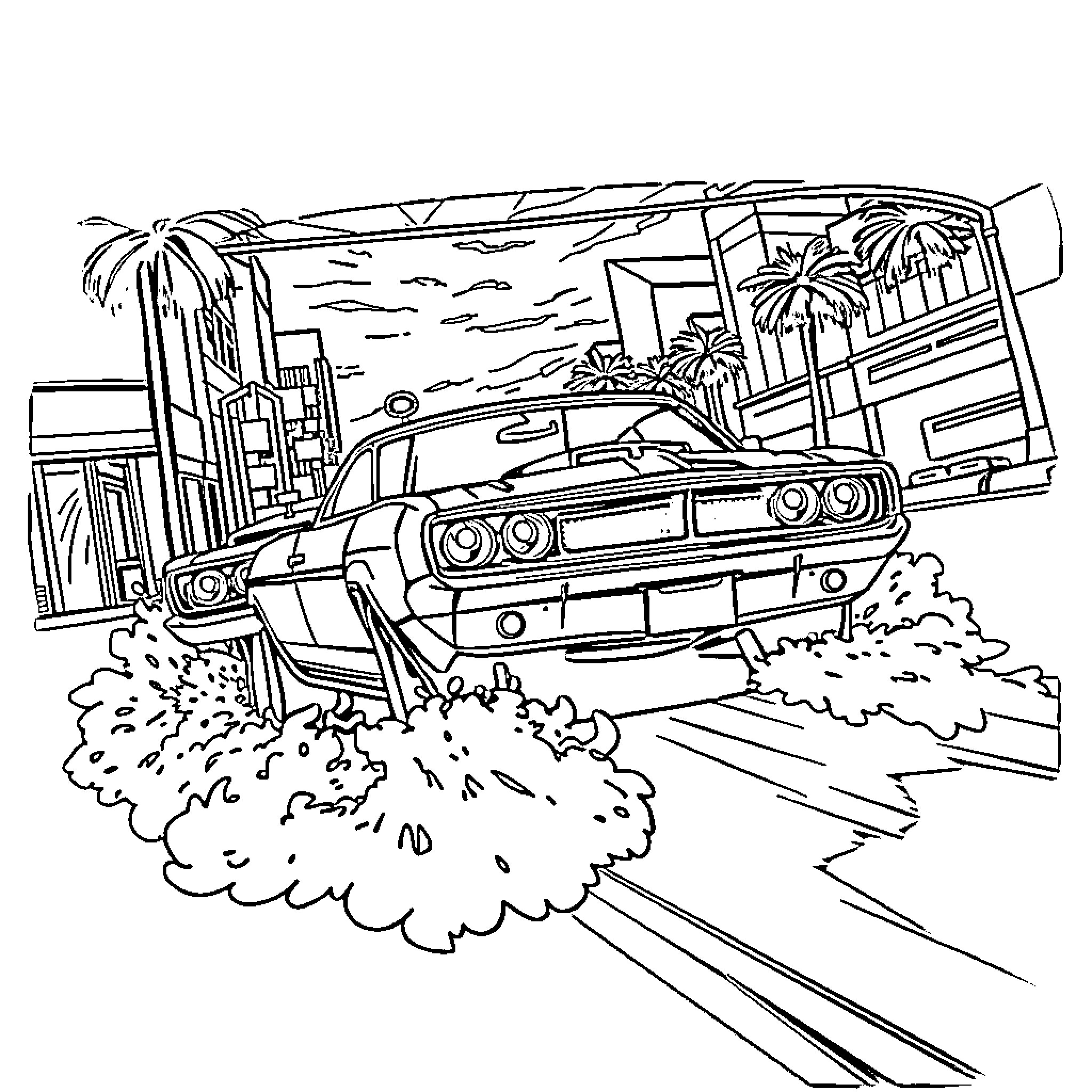 Car speeding through tropical cityscape Coloring Page (free black-and-white line drawing printable PDF for all, from beginners to advanced learners, including children, teens, adults, and seniors)