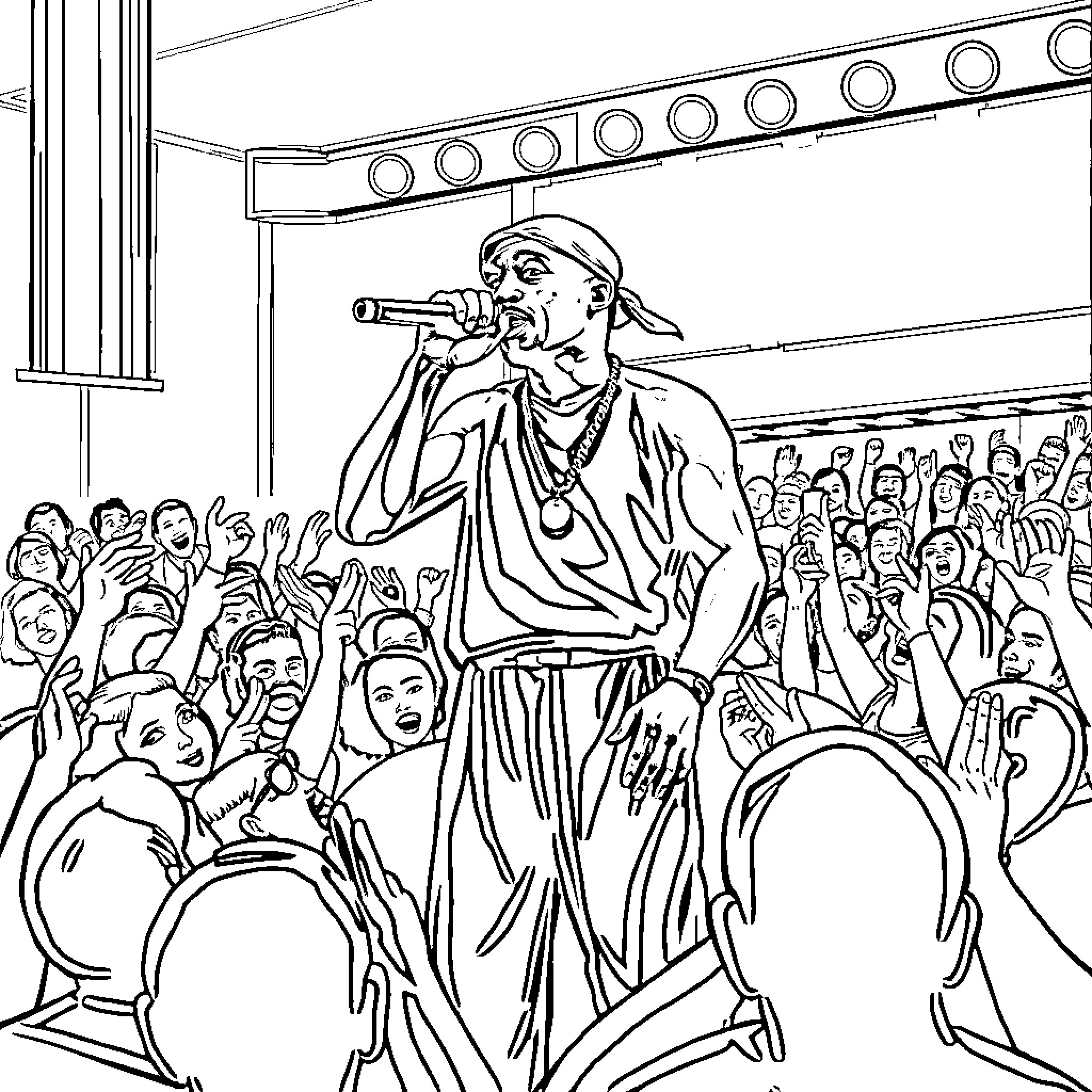 Tupac performing energetically on stage for adoring crowd Coloring Page (free black-and-white line drawing printable PDF for all, from beginners to advanced learners, including children, teens, adults, and seniors)