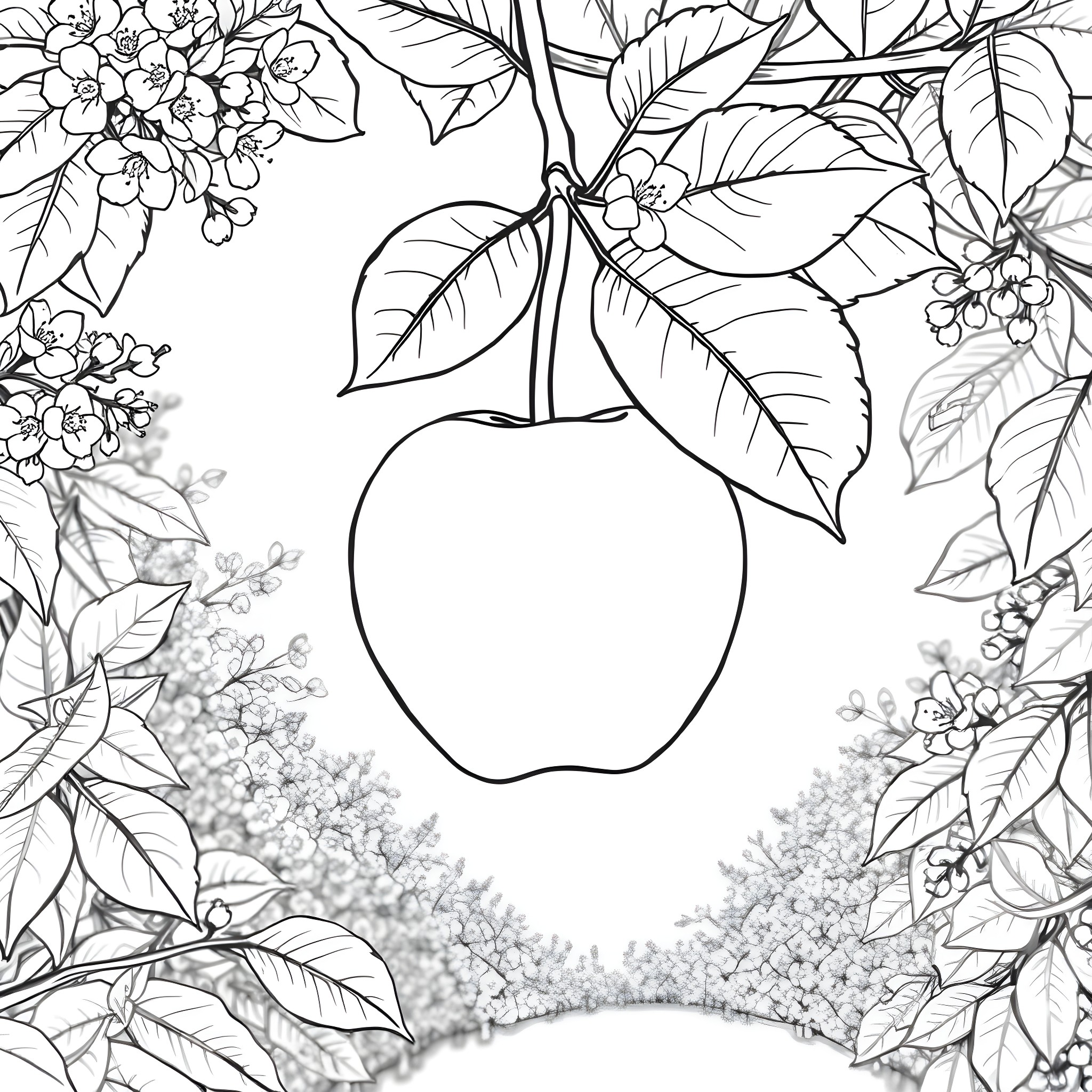 Apple Hanging in Botanical Foliage Coloring Page (free black-and-white line drawing printable PDF for all, from beginners to advanced learners, including children, teens, adults, and seniors)