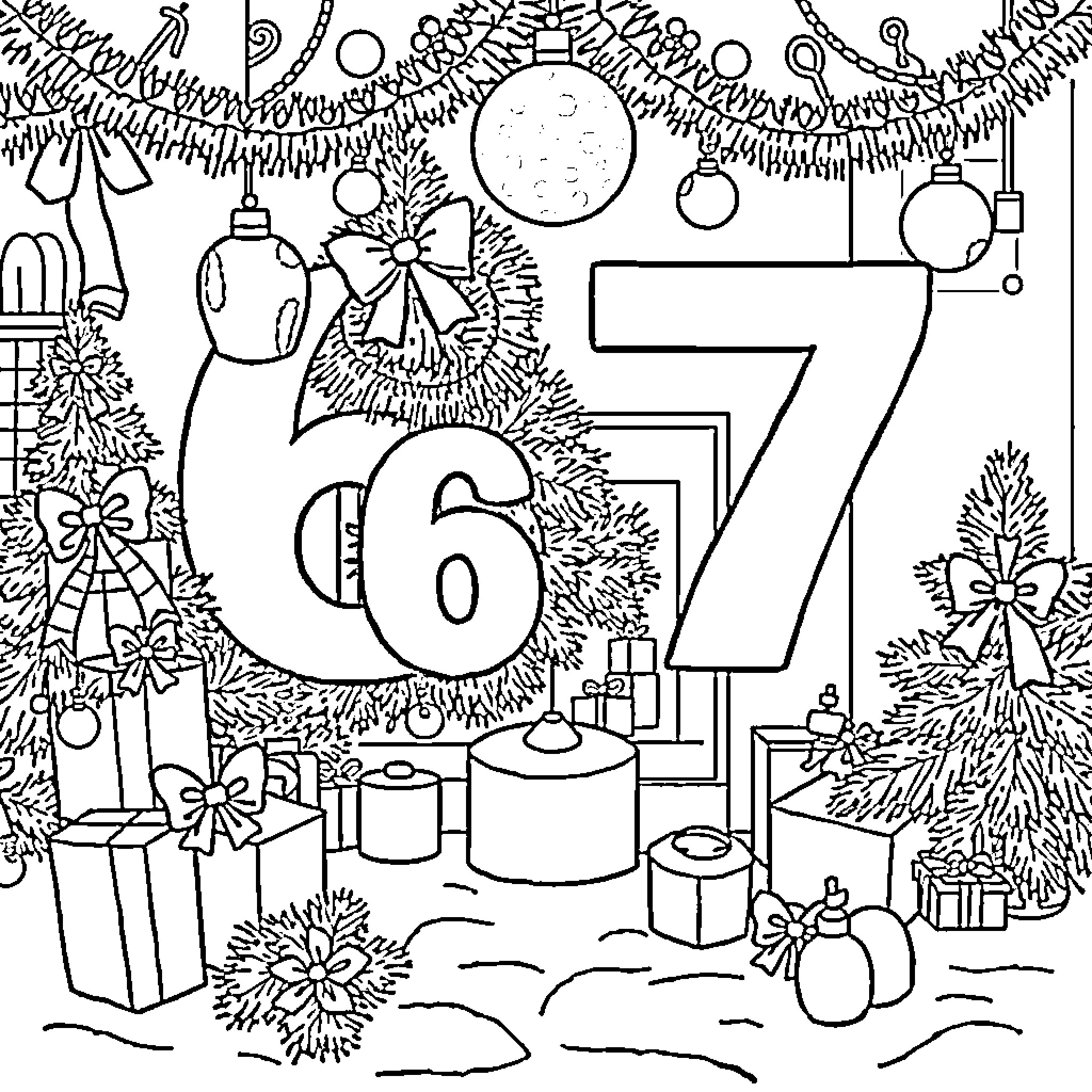 Christmas Countdown and Holiday Decorations Coloring Page (free black-and-white line drawing printable PDF for all, from beginners to advanced learners, including children, teens, adults, and seniors)