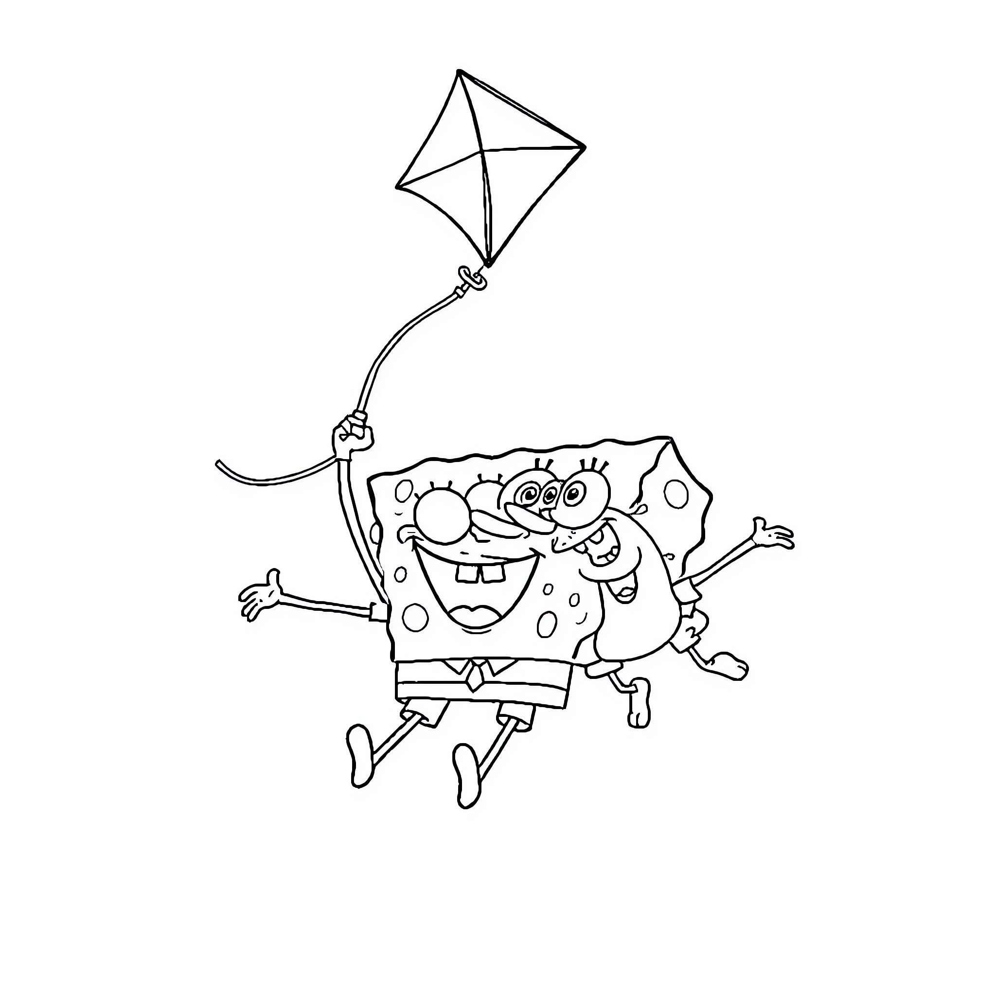 Spongebob playing with a kite happily Coloring Page (free black-and-white line drawing printable PDF for all, from beginners to advanced learners, including children, teens, adults, and seniors)