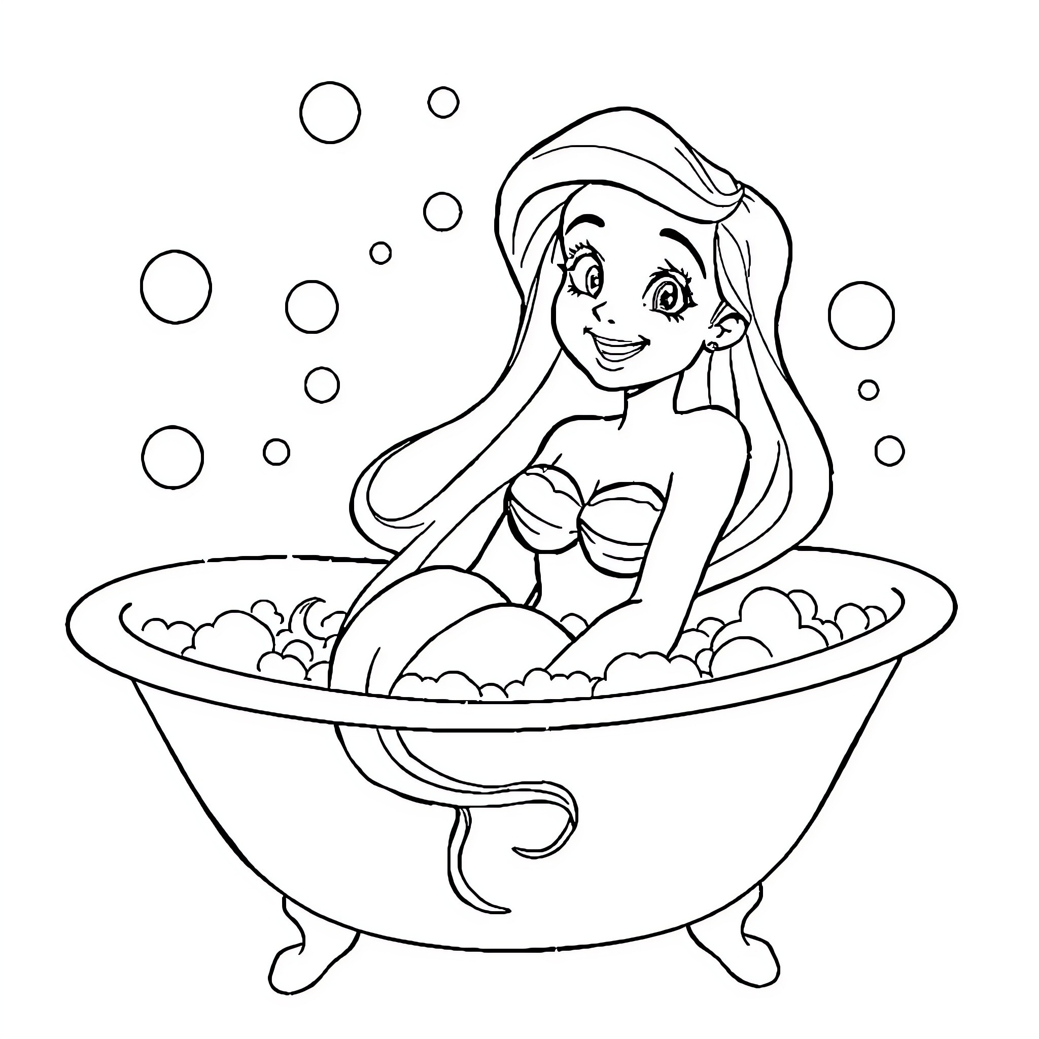 Ariel enjoying a bubbly bath Coloring Page (free black-and-white line drawing printable PDF for all, from beginners to advanced learners, including children, teens, adults, and seniors)
