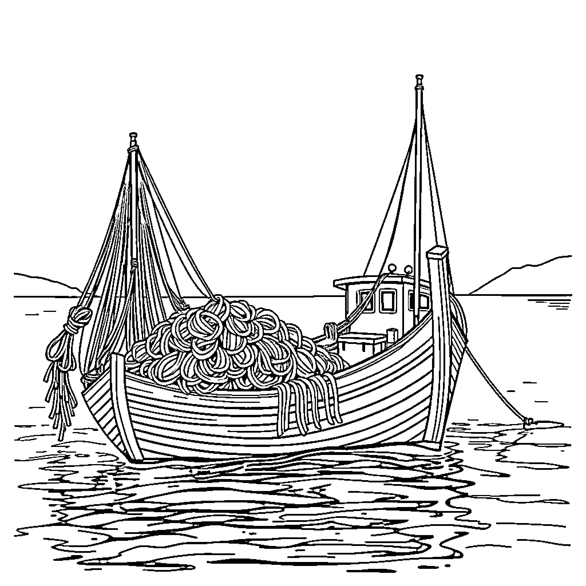 Boat transporting cargo along the coast Coloring Page (free black-and-white line drawing printable PDF for all, from beginners to advanced learners, including children, teens, adults, and seniors)