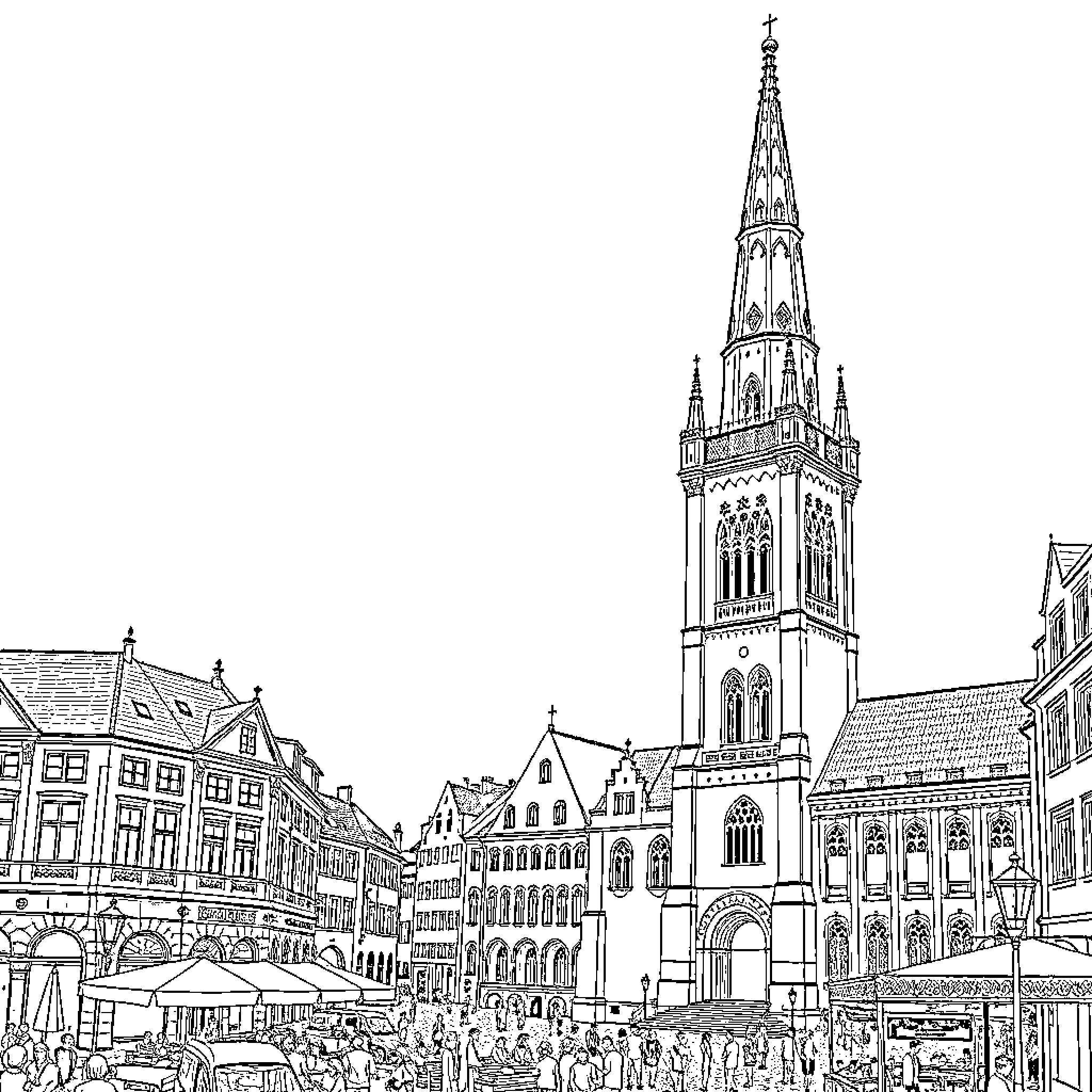 Mariacka Tower amidst bustling marketplace scenes Coloring Page (free black-and-white line drawing printable PDF for all, from beginners to advanced learners, including children, teens, adults, and seniors)