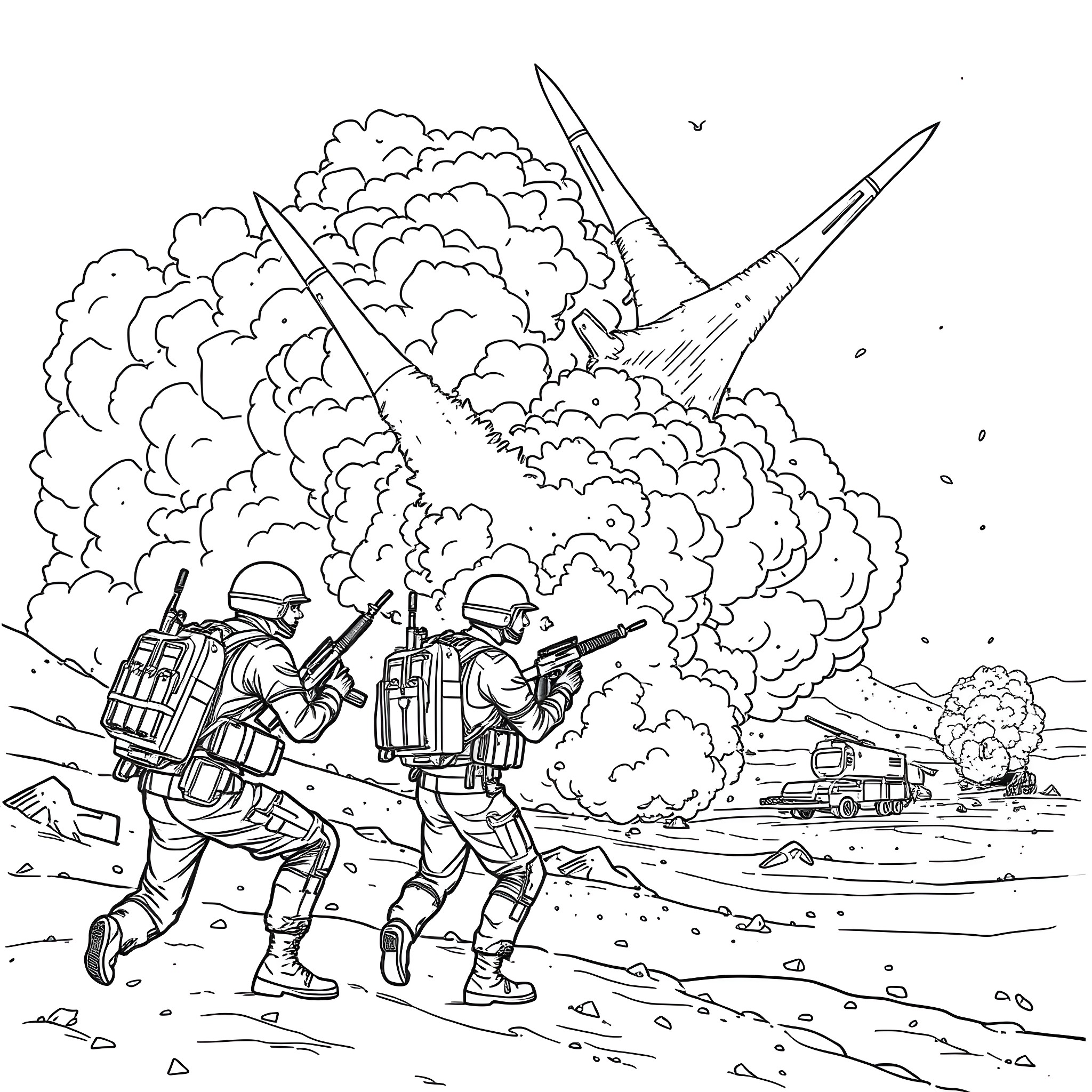 Soldier Advancing amidst Explosions and Smoke Coloring Page (free black-and-white line drawing printable PDF for all, from beginners to advanced learners, including children, teens, adults, and seniors)