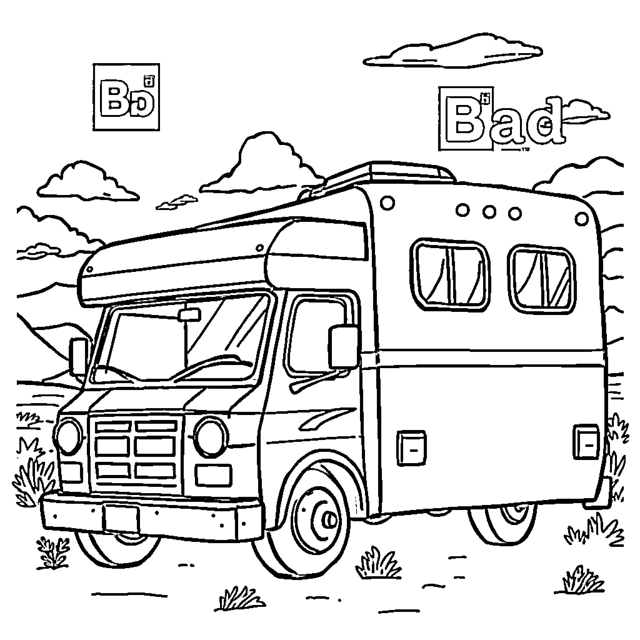 RV Camping in Nature's Embrace Coloring Page (free black-and-white line drawing printable PDF for all, from beginners to advanced learners, including children, teens, adults, and seniors)
