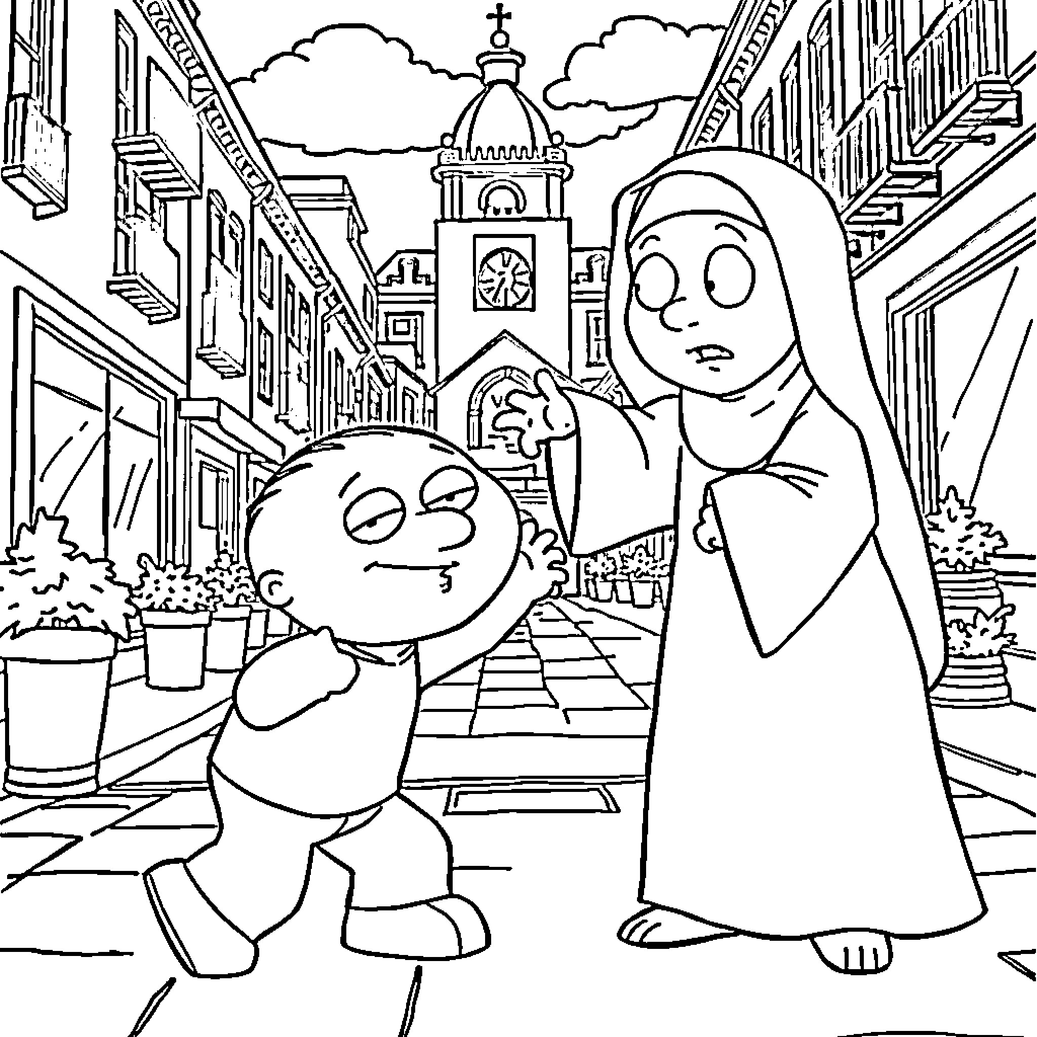 Stewie and Lois in a Quaint Street Scene Coloring Page (free black-and-white line drawing printable PDF for all, from beginners to advanced learners, including children, teens, adults, and seniors)