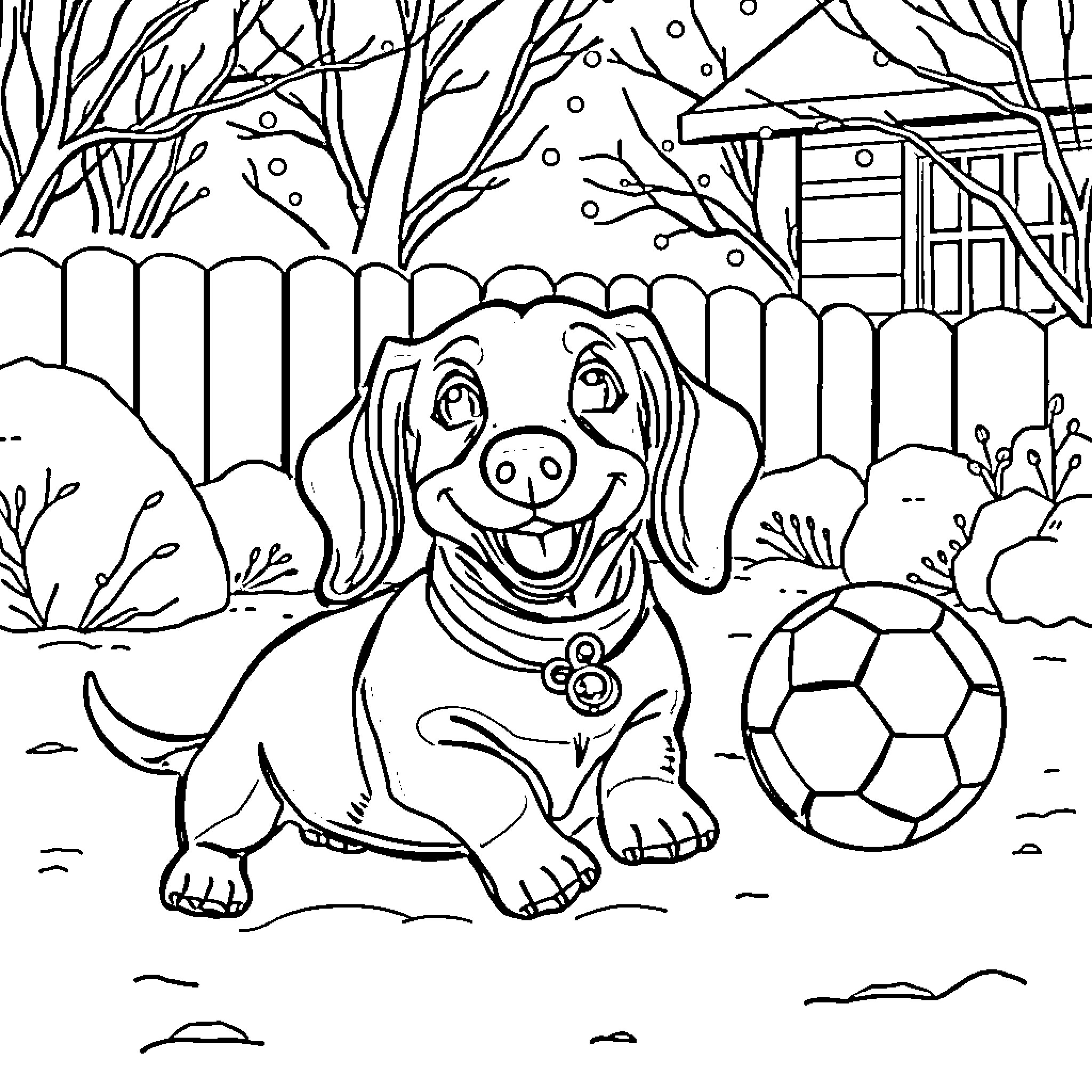 Dachshund playing with soccer ball in backyard Coloring Page (free black-and-white line drawing printable PDF for all, from beginners to advanced learners, including children, teens, adults, and seniors)