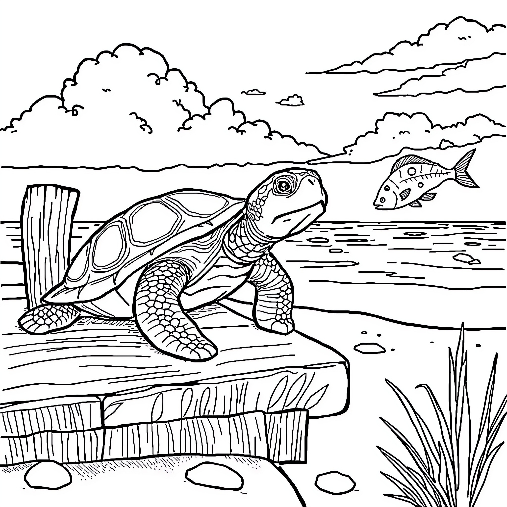 Turtle exploring the serene aquatic landscape Coloring Page (free black-and-white line drawing printable PDF for all, from beginners to advanced learners, including children, teens, adults, and seniors)