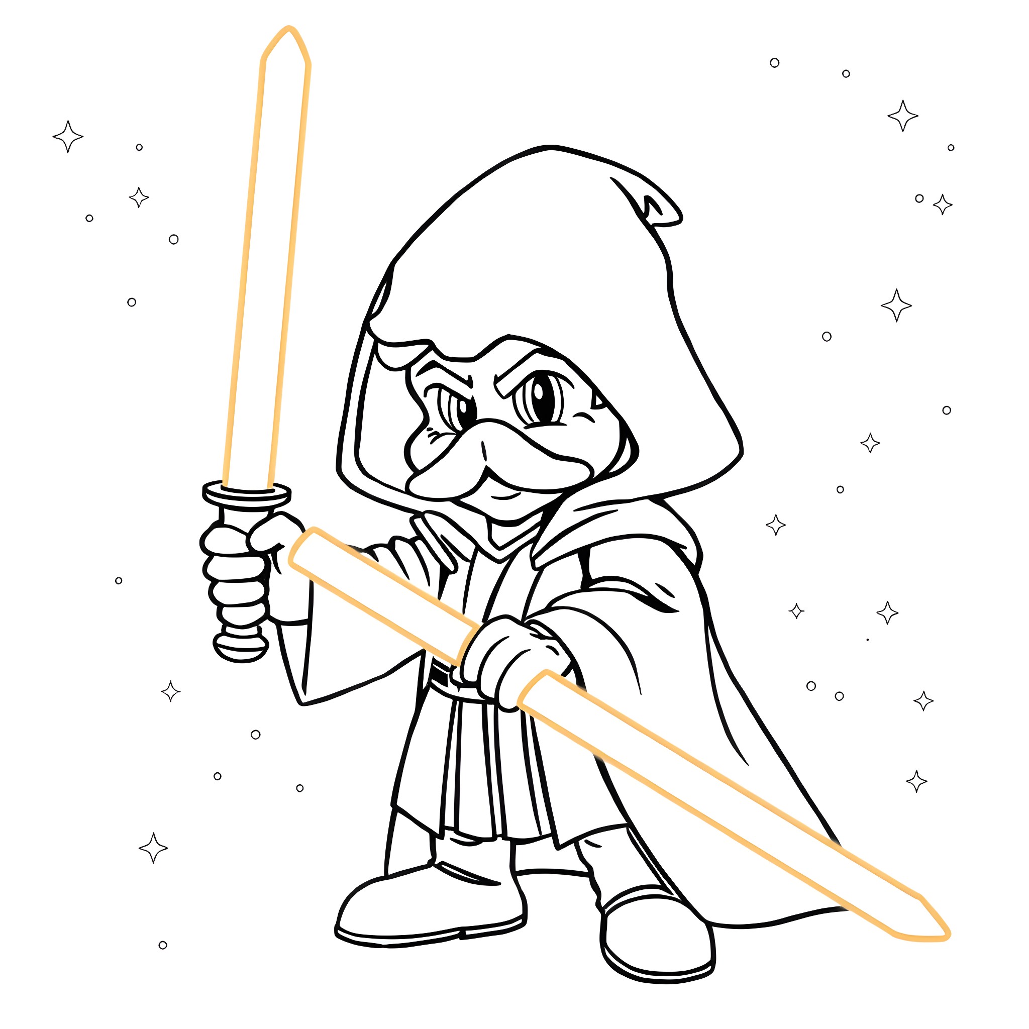 Dopey warrior wielding a lightsaber in the stars Coloring Page (free black-and-white line drawing printable PDF for all, from beginners to advanced learners, including children, teens, adults, and seniors)