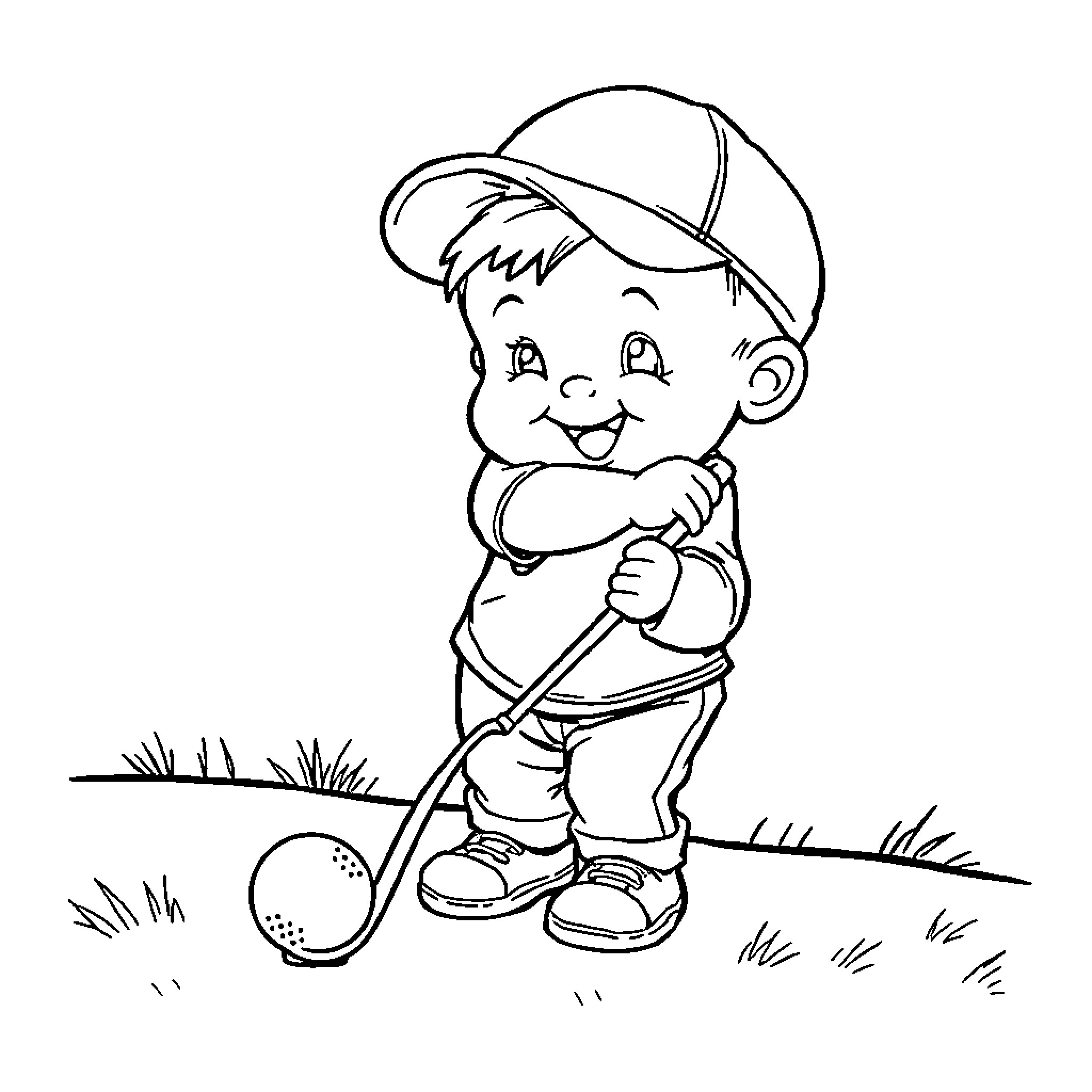 Baby playing with golf club on grass Coloring Page (free black-and-white line drawing printable PDF for all, from beginners to advanced learners, including children, teens, adults, and seniors)