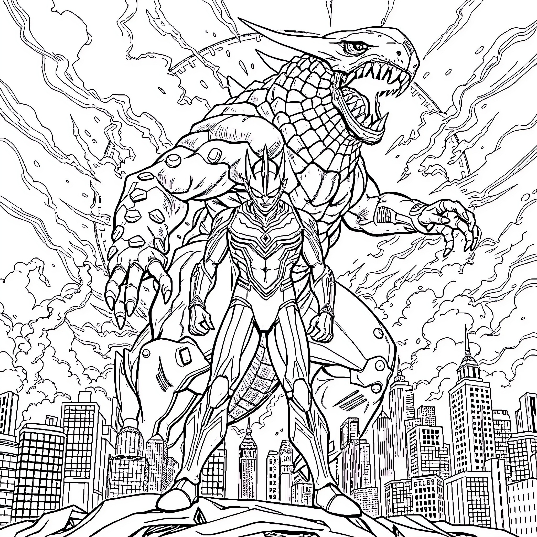 Ultraman battles giant monsters in the city Coloring Page (free black-and-white line drawing printable PDF for all, from beginners to advanced learners, including children, teens, adults, and seniors)