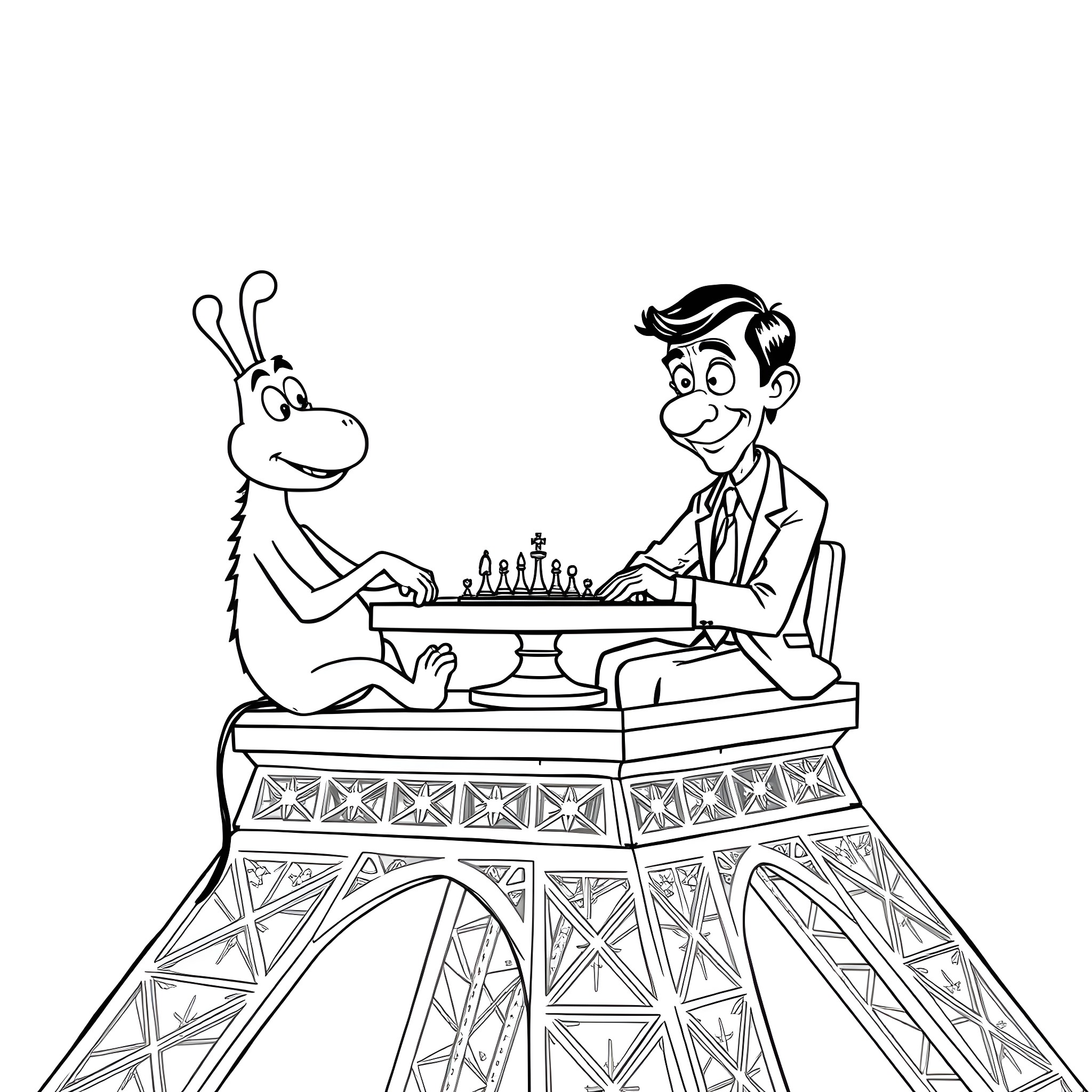 Alf playing chess with a man on the Eiffel Tower Coloring Page (free black-and-white line drawing printable PDF for all, from beginners to advanced learners, including children, teens, adults, and seniors)