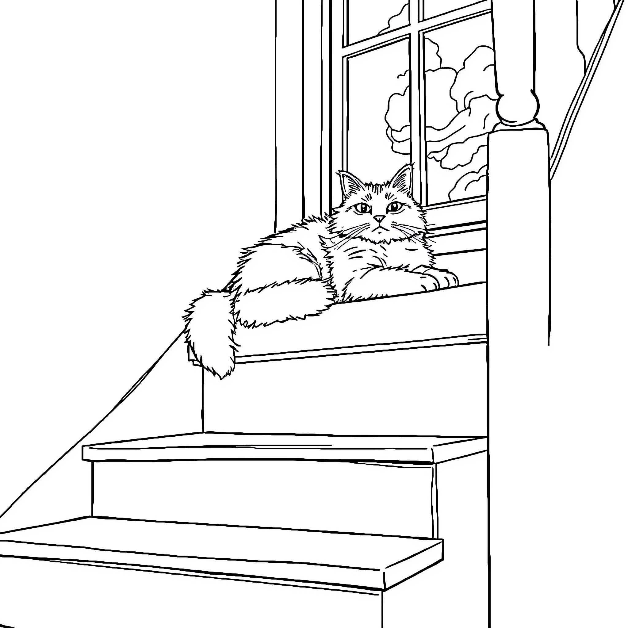 Cat gazing out the window Coloring Page (free black-and-white line drawing printable PDF for all, from beginners to advanced learners, including children, teens, adults, and seniors)