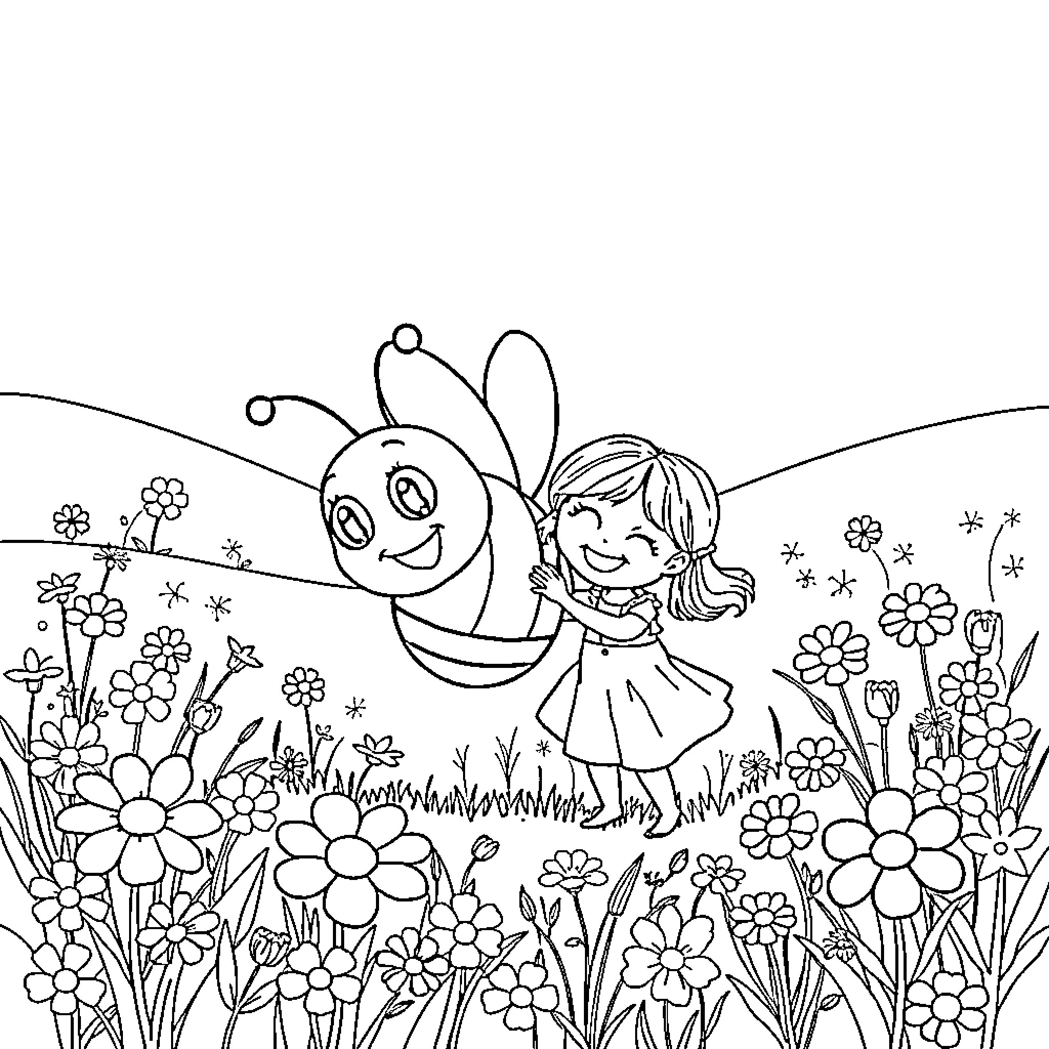Maya and the Friendly Bee in the Flower Garden Coloring Page (free black-and-white line drawing printable PDF for all, from beginners to advanced learners, including children, teens, adults, and seniors)