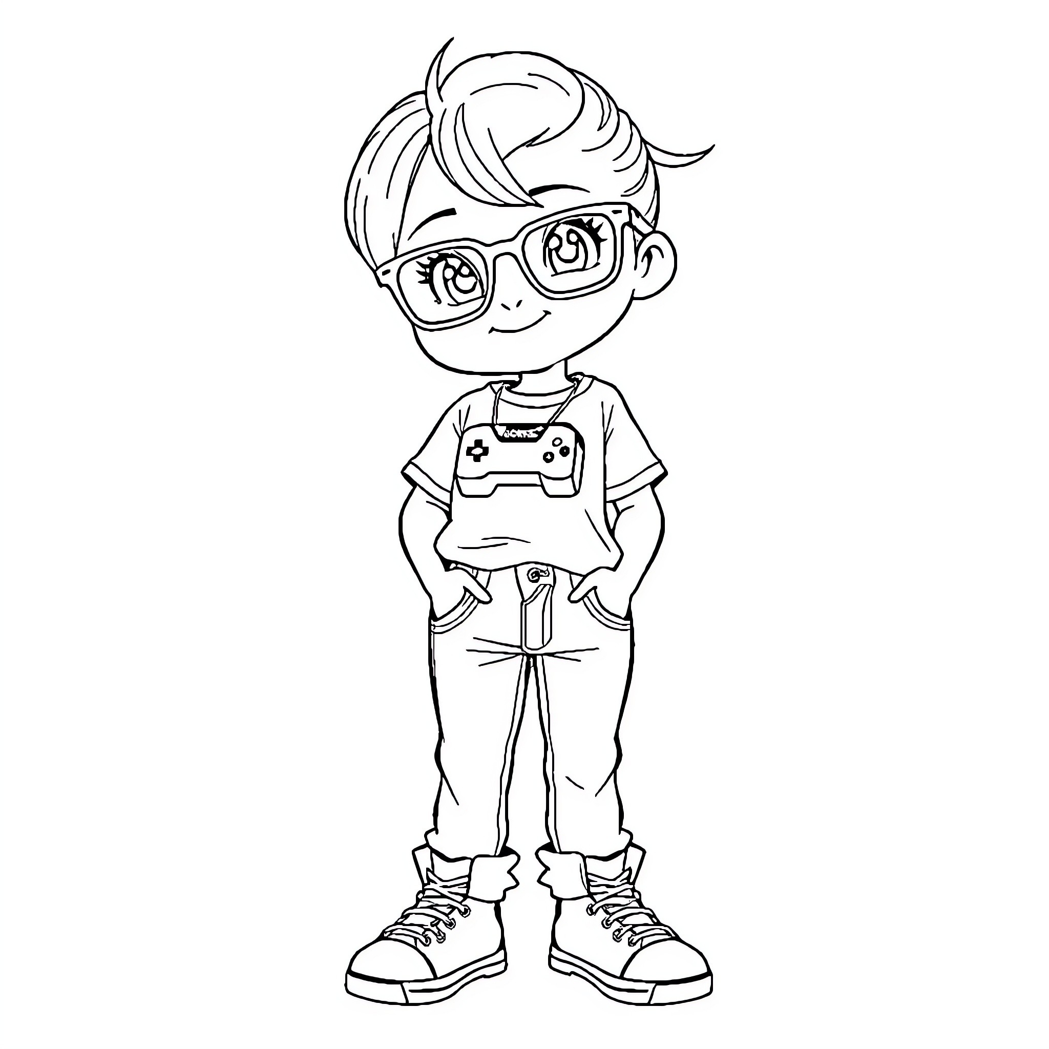 Girl playing video games in casual outfit Coloring Page (free black-and-white line drawing printable PDF for all, from beginners to advanced learners, including children, teens, adults, and seniors)