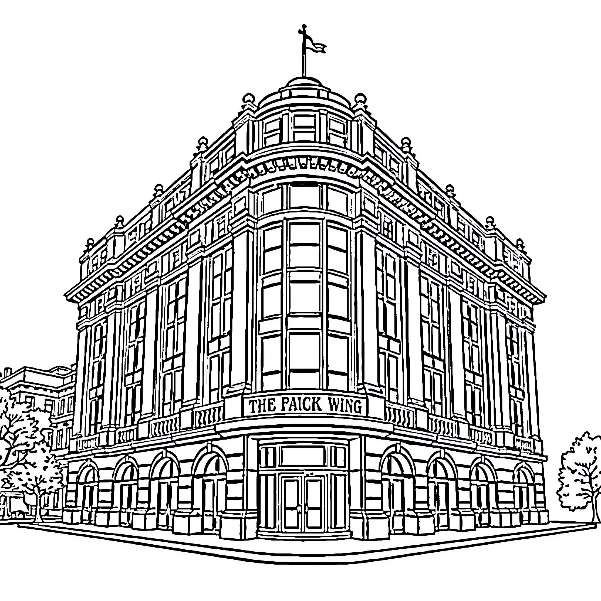 Wing of a historic building with architectural details Coloring Page (free black-and-white line drawing printable PDF for all, from beginners to advanced learners, including children, teens, adults, and seniors)